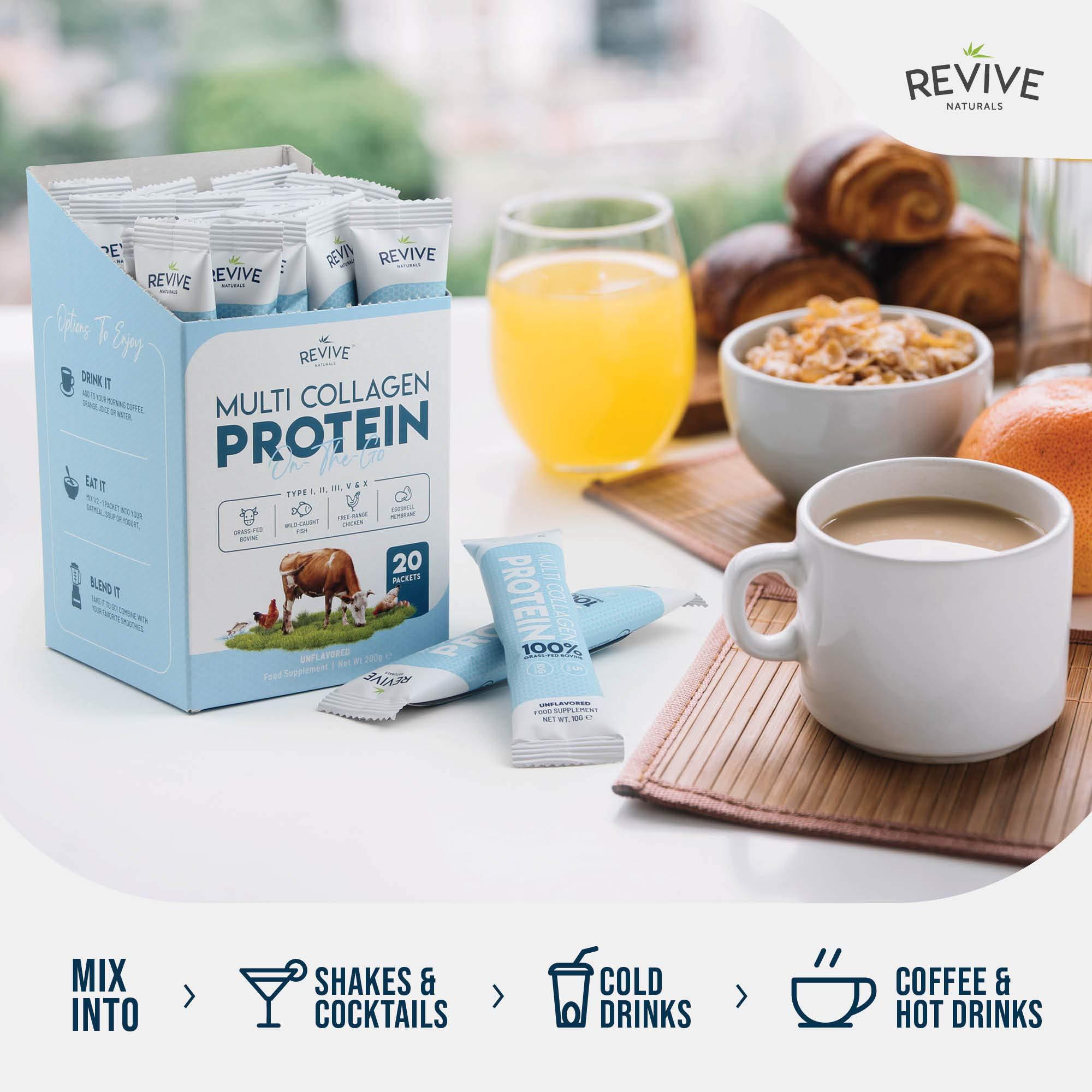 Revive Naturals Multi Collagen Protein Powder Packets - Types I, II, III, V & X - Hydrolyzed Grass Fed Bovine, Wild Caught Fish, & Free-Range Chicken & Eggshell Collagen. Non-GMO, Halal, (10g Each, 20 Packets)