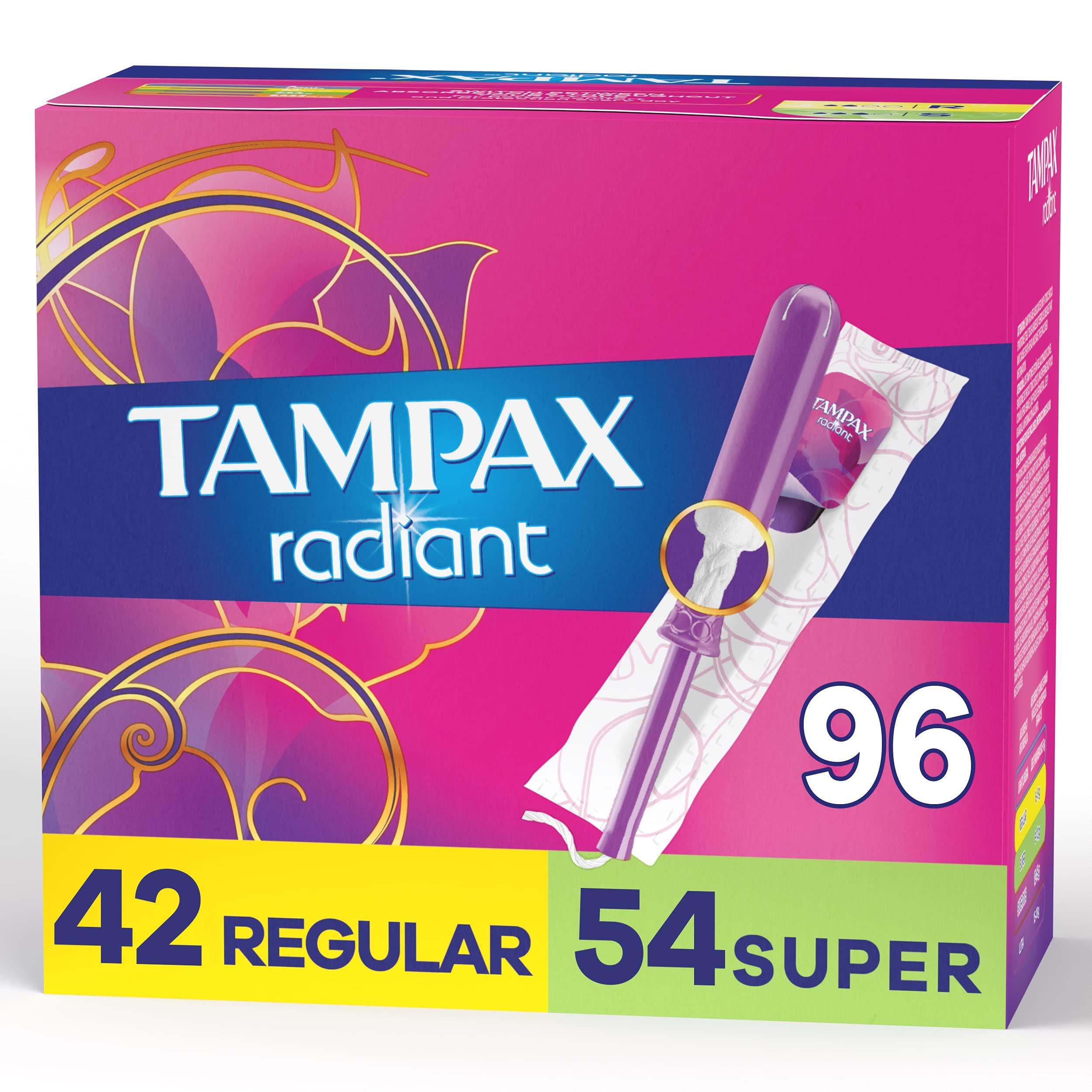 Tampax Tampax Radiant Tampons Duo Pack, Regular/Super Absorbency, 96 Count, BPA-Free Plastic Applicator and LeakGuard Braid, Unscented, 96 Count