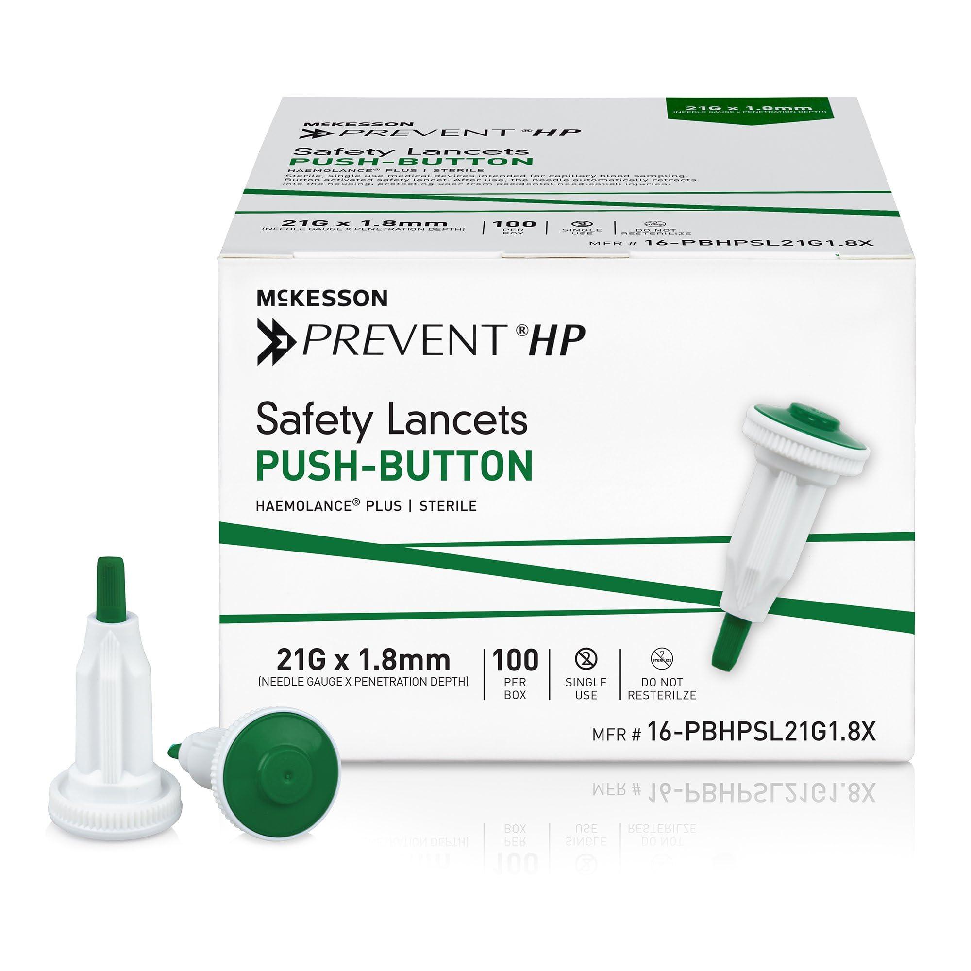 McKesson McKesson Prevent HP Safety Lancet, Auto Retracting with Push Button Activation, 21 Gauge, 1.8 mm Depth, Sterile, Green, 100 Count, 1 Pack