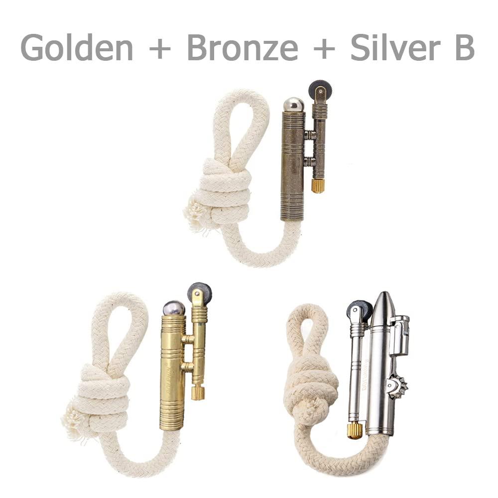 VAGILE 3PCS Windproof Rope Lighter Sailors Trench Vintage Lighter WWII Lighters Portable Survival Shepherds Lighter Outdoor Camping, No Need for Kerosene/Gas, Gifts Army Navy (Golden + Bronze + Silver B)