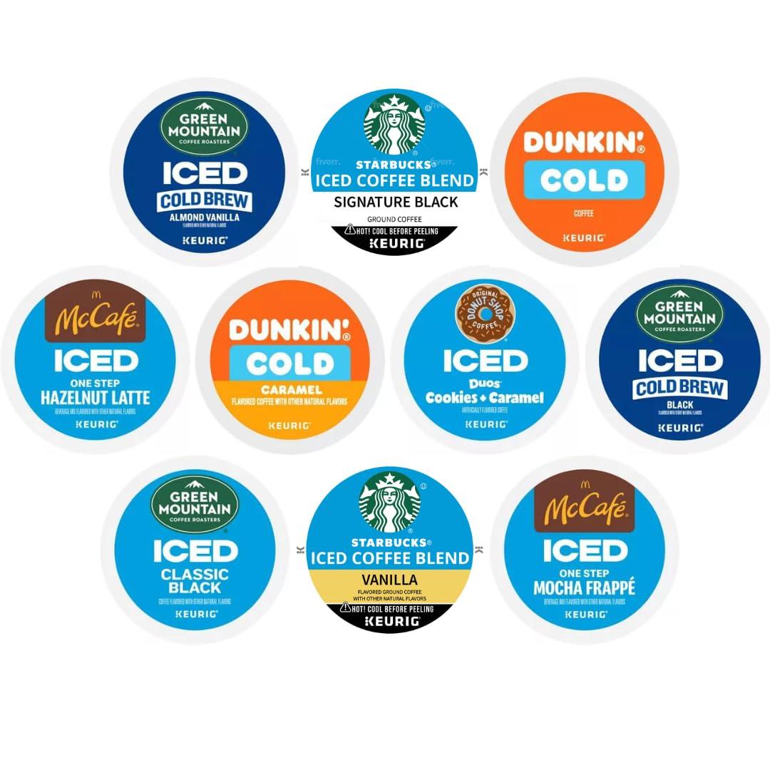 KUPIX 30 Count--Iced Coffee K-Cup Pods Variety Sampler Pack, Includes Starbucks Regular & Vanilla, Green Mountain Cold Brew & Iced, McCafe Mocha Frappe & Hazelnut Latte, Dunkin Donuts Cold & Caramel, Donut Shop Iced Duos for Keurig Brewers