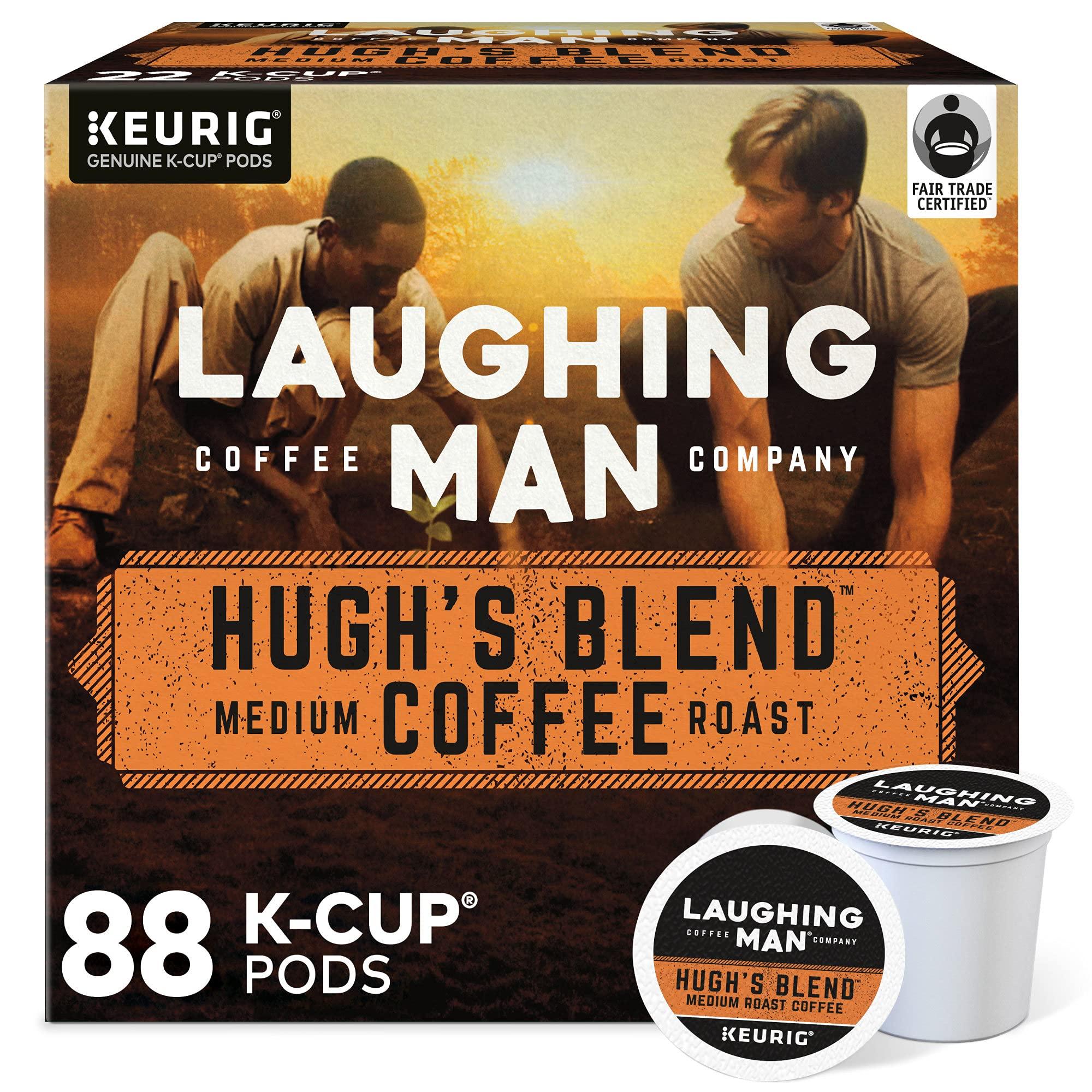 LAUGHING MAN Laughing Man Hughs Blend Keurig Recyclable K-Cup Coffee Pods, Single-Serve Fair Trade Medium Roast Arabica Coffee for use with Keurig Coffee Makers, 88 Count (4 Packs of 22)
