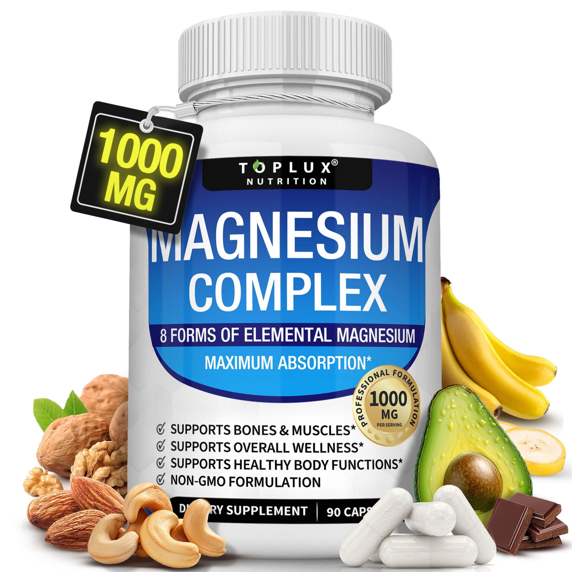 Toplux Magnesium Complex Supplement 8 Elemental Magnesium 1000mg - Magnesium Glycinate, Citrate, Malate, Taurate, Chelated for Easy Absorption for Bones, Muscle, Recovery, Energy, Vegan Non-GMO 90 Capsules