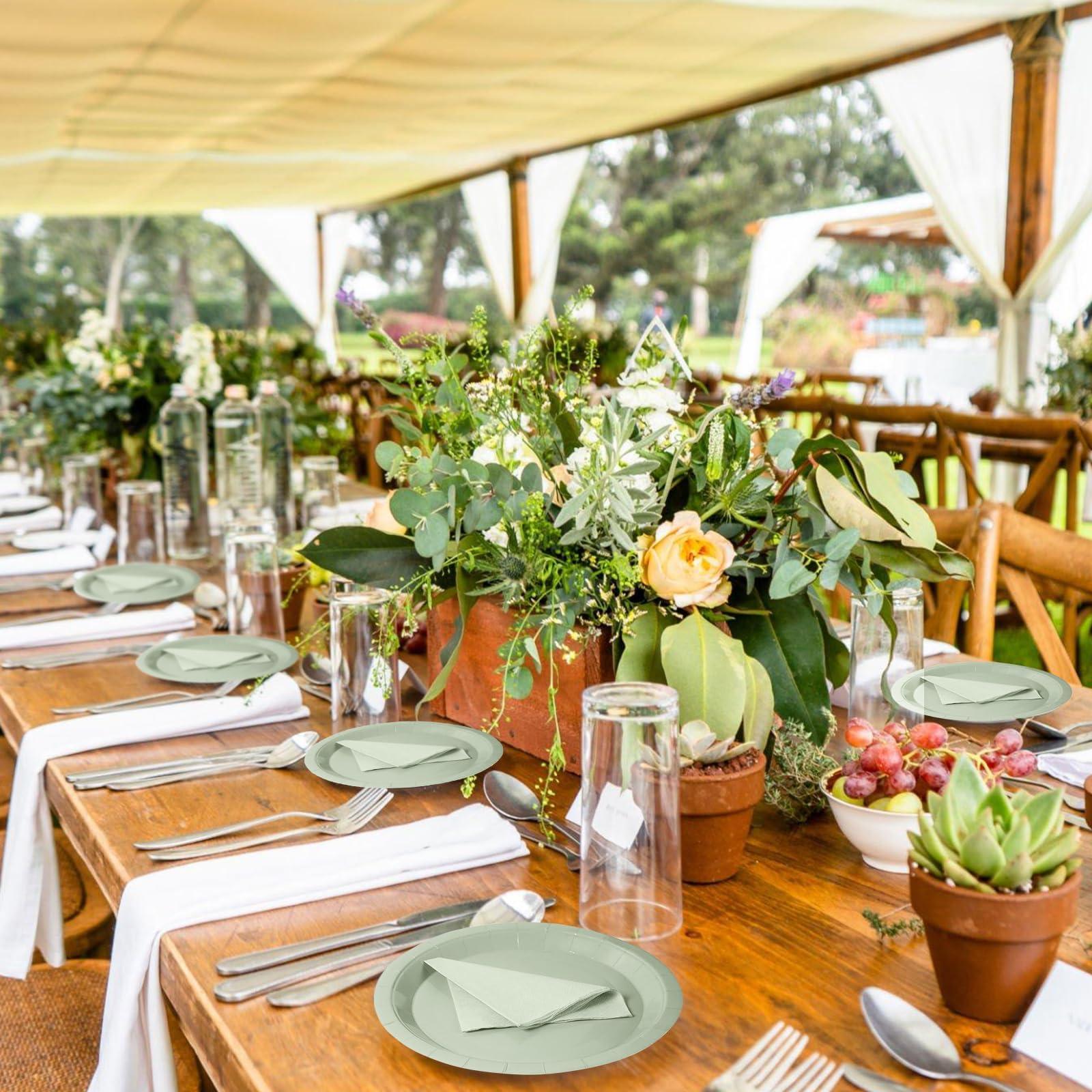 Purhapfre Sage Paper Plates Sage Green Paper Plates and Napkins Party Supplies Sage Green Disposable Plates for Bridal Shower,Baby Shower, Birthday,Serves 50