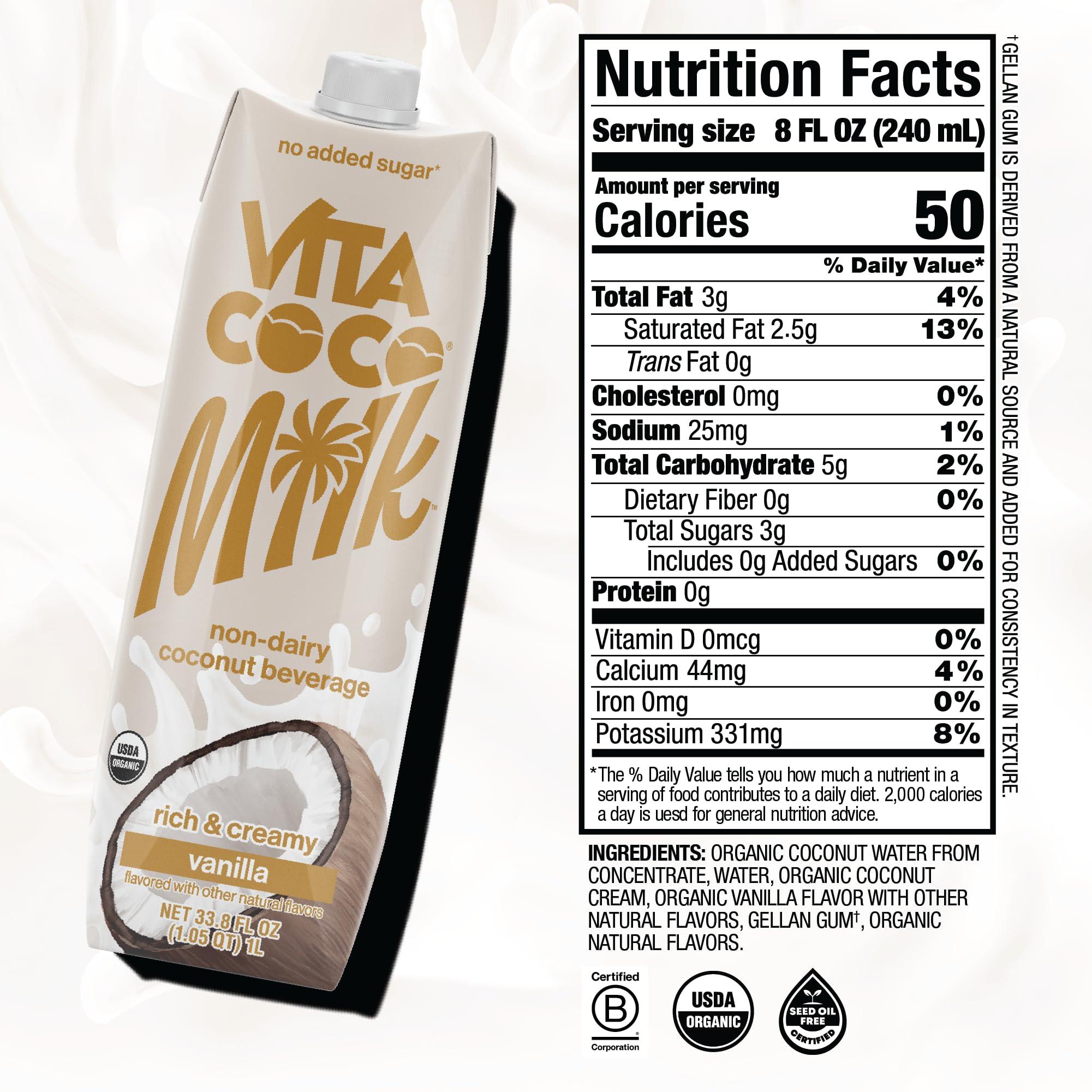 Vita Coco Vita Coco Vanilla Organic Coconut Milk, Plant Based, Dairy Free Milk Alternative - Gluten Free, Soy Free, and Unsweetened - Perfect Add to Cereal, Smoothies, Desserts -33.8 Fl Oz (Pack of 6)