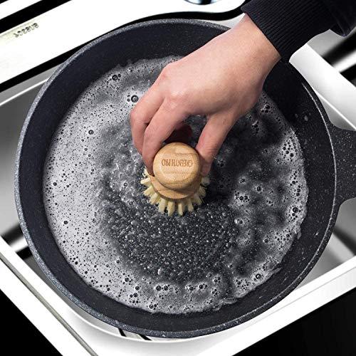 GREENTH PRO GREENTH PRO Palm Pot Dish Brush- Nature Bamboo 2 Packs Mini Durable Scrub for Kitchen Cleaning with Ceramics Holder