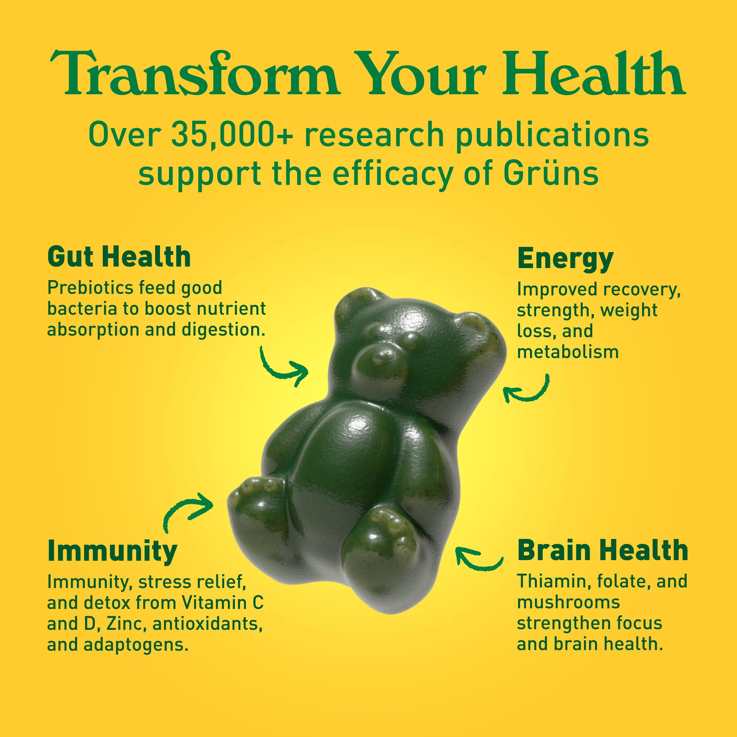 Grns Gruns Adults Super Greens Gummies, Superfood Gummy Bears with Spirulina, Chlorella & Prebiotics for Digestive Health - Adaptogens Supplement with 20 Vitamins & Minerals, Low Sugar- 1 Month Supply