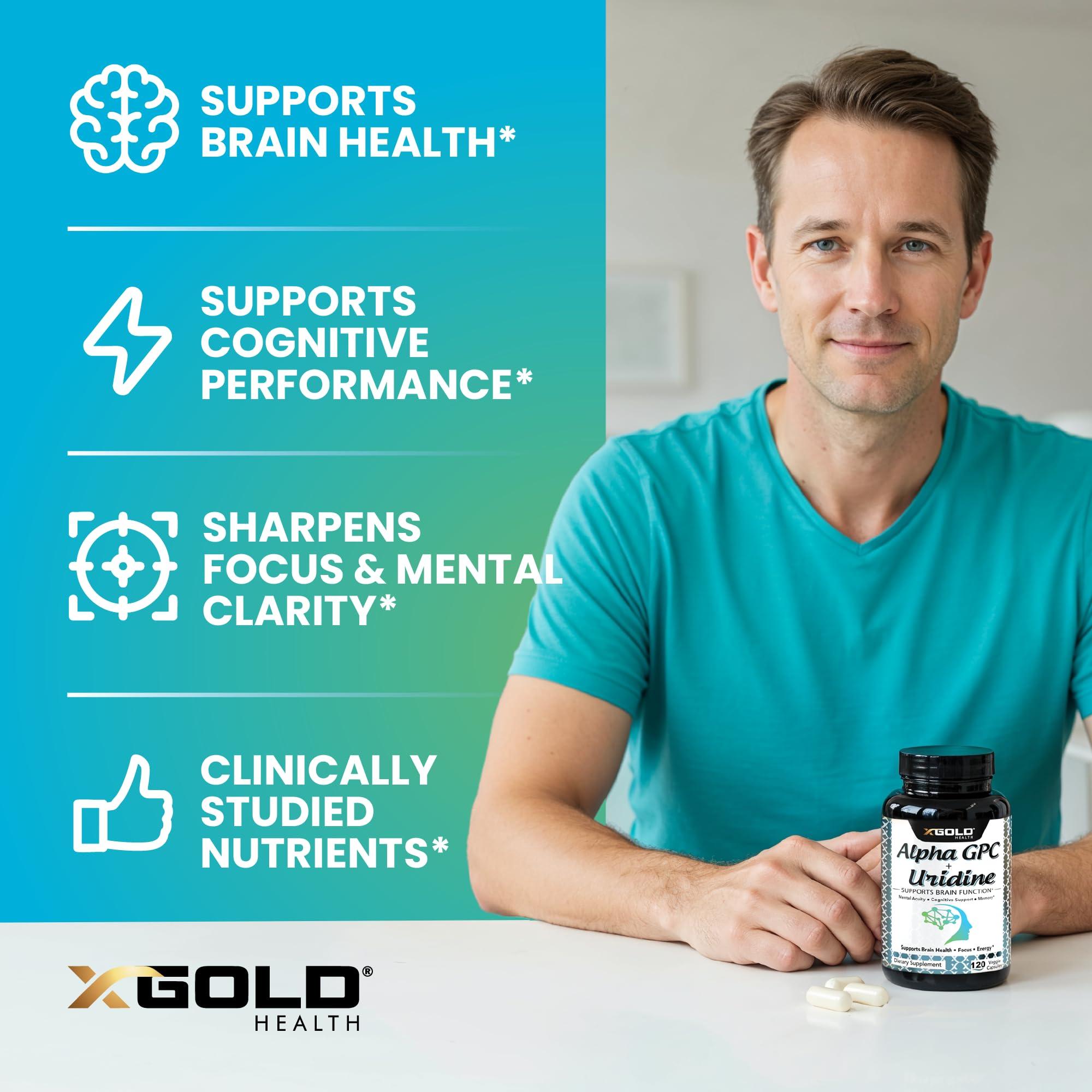 X Gold Health Alpha GPC Choline 600mg + Uridine Monophosphate 300mg-2-in-1 Nootropic Supplement Helps Boost Focus, Energy & Cognitive Performance -Potent Mood Enhancer & Brain Focus Supplements -120 Veggie Capsules