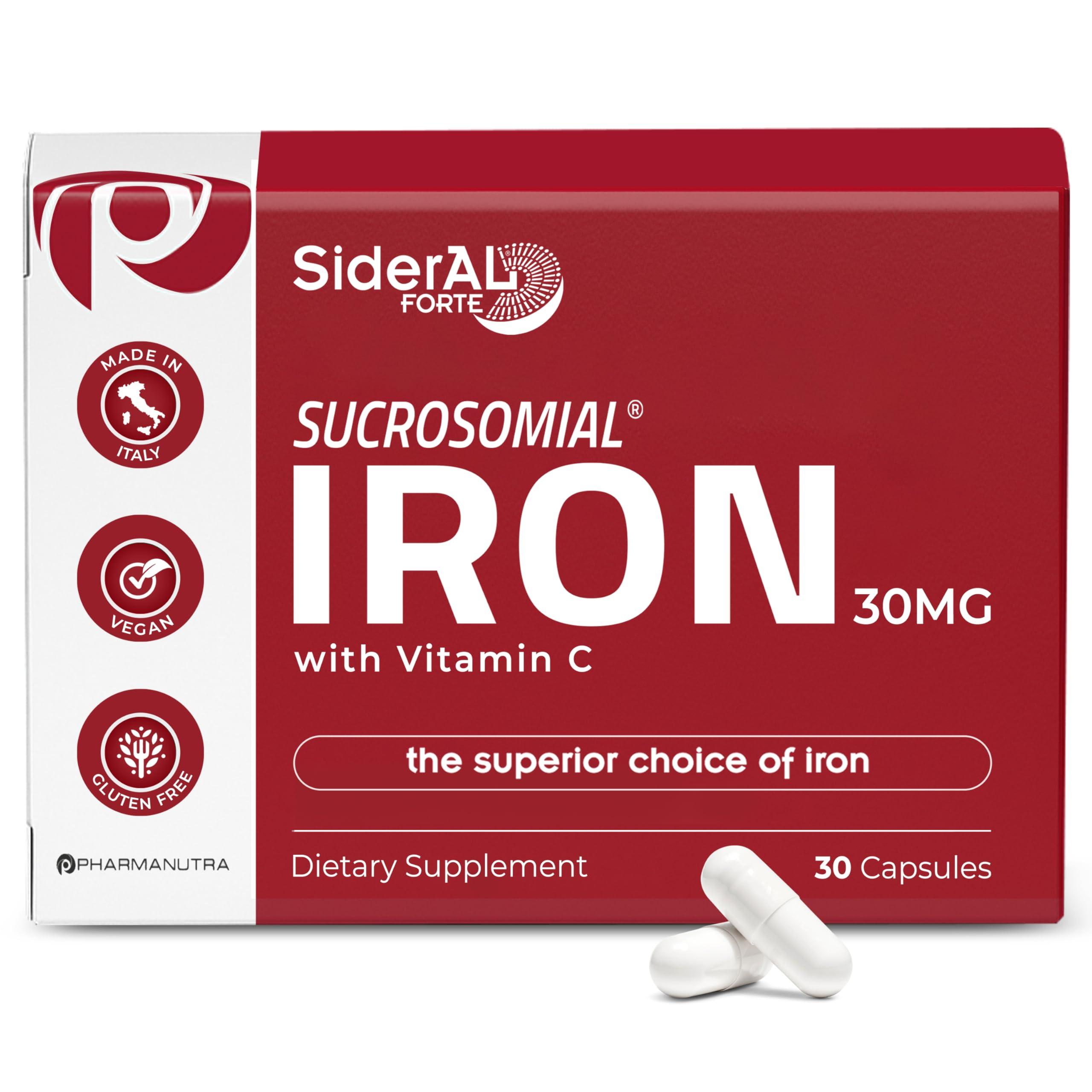 PHARMANUTRA SpA SiderAL Forte Iron Supplement and Vitamin C for Women and Men - Premium Iron Supplement for Iron Deficiency and Anemia Support - High Absorption - Gentle on the Stomach - Non-Constipating - 30 Caps