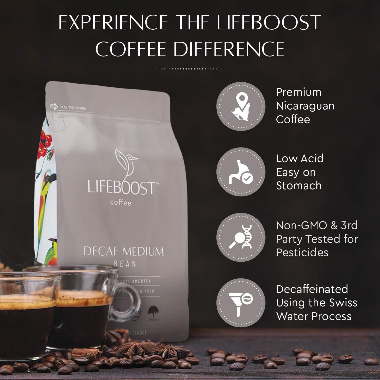 LIFEBOOST Lifeboost Coffee Medium Decaf Coffee Beans - Swiss Water Decaf Coffee - Low Acid Organic Decaf Coffee Beans - Third Party Tested For Mycotoxins & Pesticides - Whole Bean - 12 Ounces