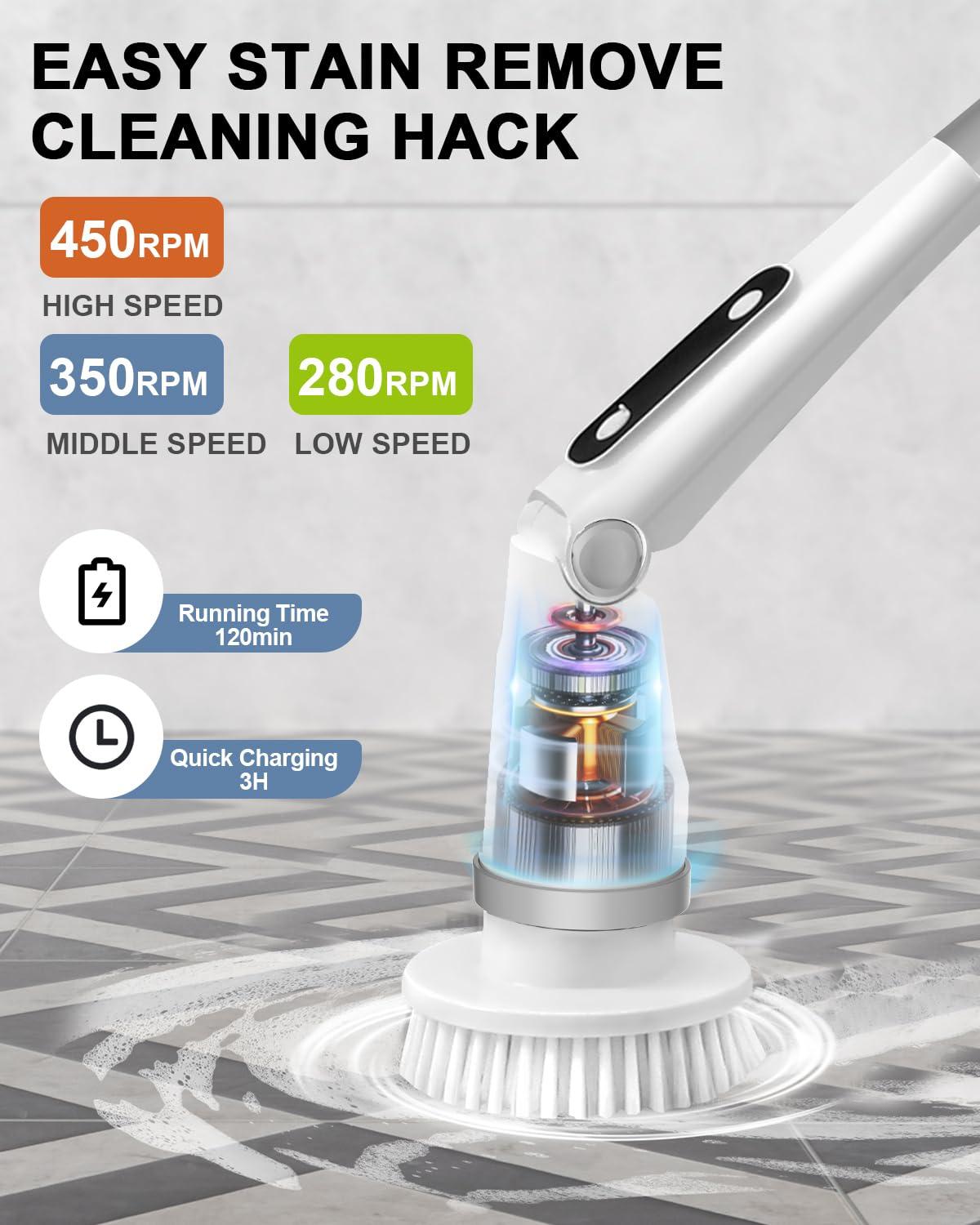 iezfix Electric Spin Scrubber, Power Brush for Cleaning Bathroom Shower, Tub Tile Floor Window Cleaner with Telescopic Rod, 8 in 1 Spinning Scrub Brushes, 3 Speeds Max 450 RPM, X03 Turbo Gray