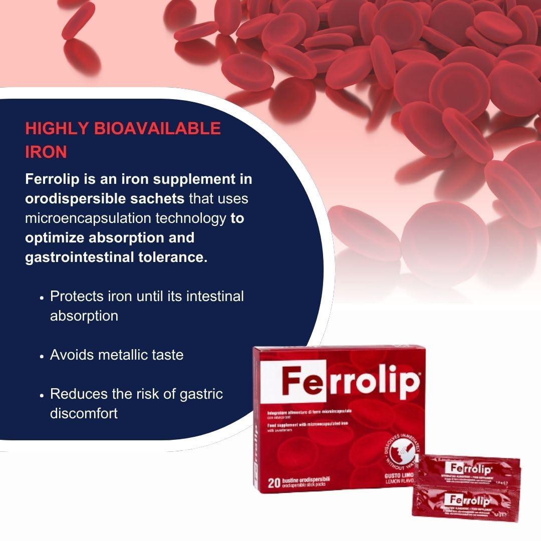 omegor Ferrolip - Iron Supplement to Dissolve in The Mouth Without Water (20 Single-Dose Sachets x 1.8 g) Lemon Flavor Without Gastrointestinal Side Effects and Free of Metallic Taste Vegan