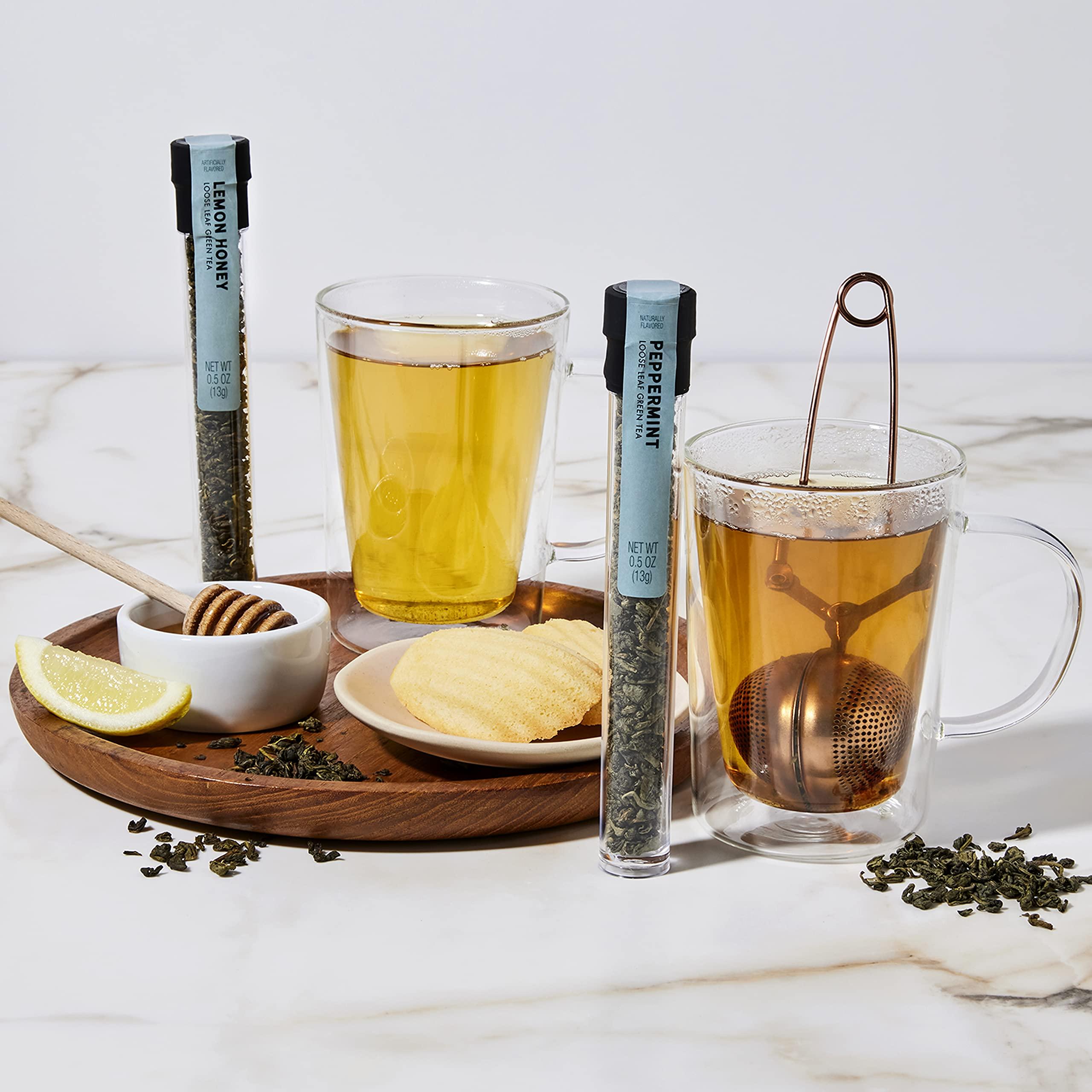 Thoughtfully Thoughtfully Gourmet, Tea Therapy Infusion Gift Set, 7 Unique Flavors and Reusable Copper Ball Infuser, Loose Leaf Tea Set Flavors Include Peppermint, Jasmine, Vanilla Chai and More, Set of 7