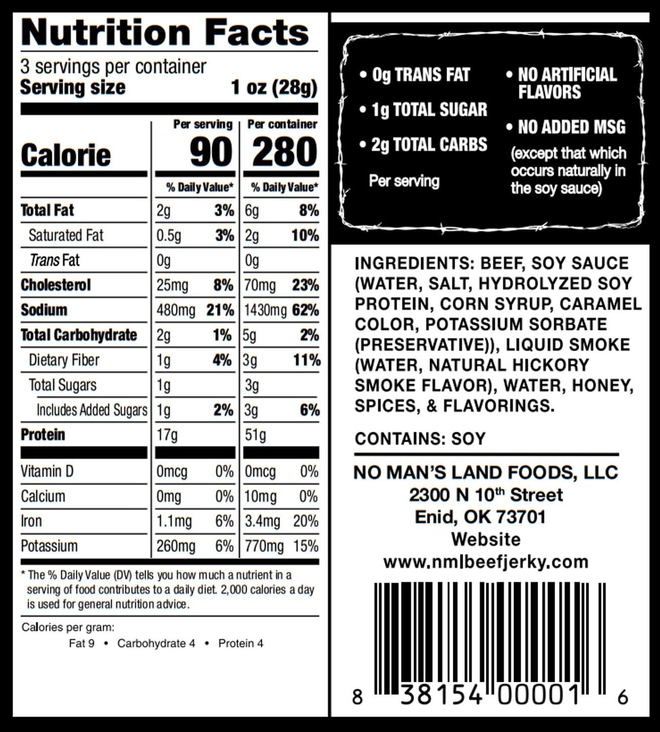 NO MANS LAND BEEF JERKY No Man’s Land MILD Beef Jerky High Protein Low Calorie Low Carb Beef Snack 3.0oz Bag
