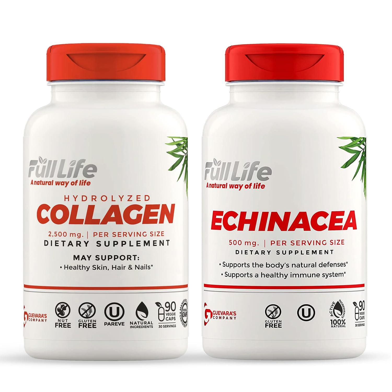 Full Life Full Life Hydrolyzed Collagen and Echinacea Capsules - Dietary Supplements - Bovine Collagen Pills for Women and Men - Echinacea Purpurea Extract, Gluten-Free - 90 Veggie Capsules Each