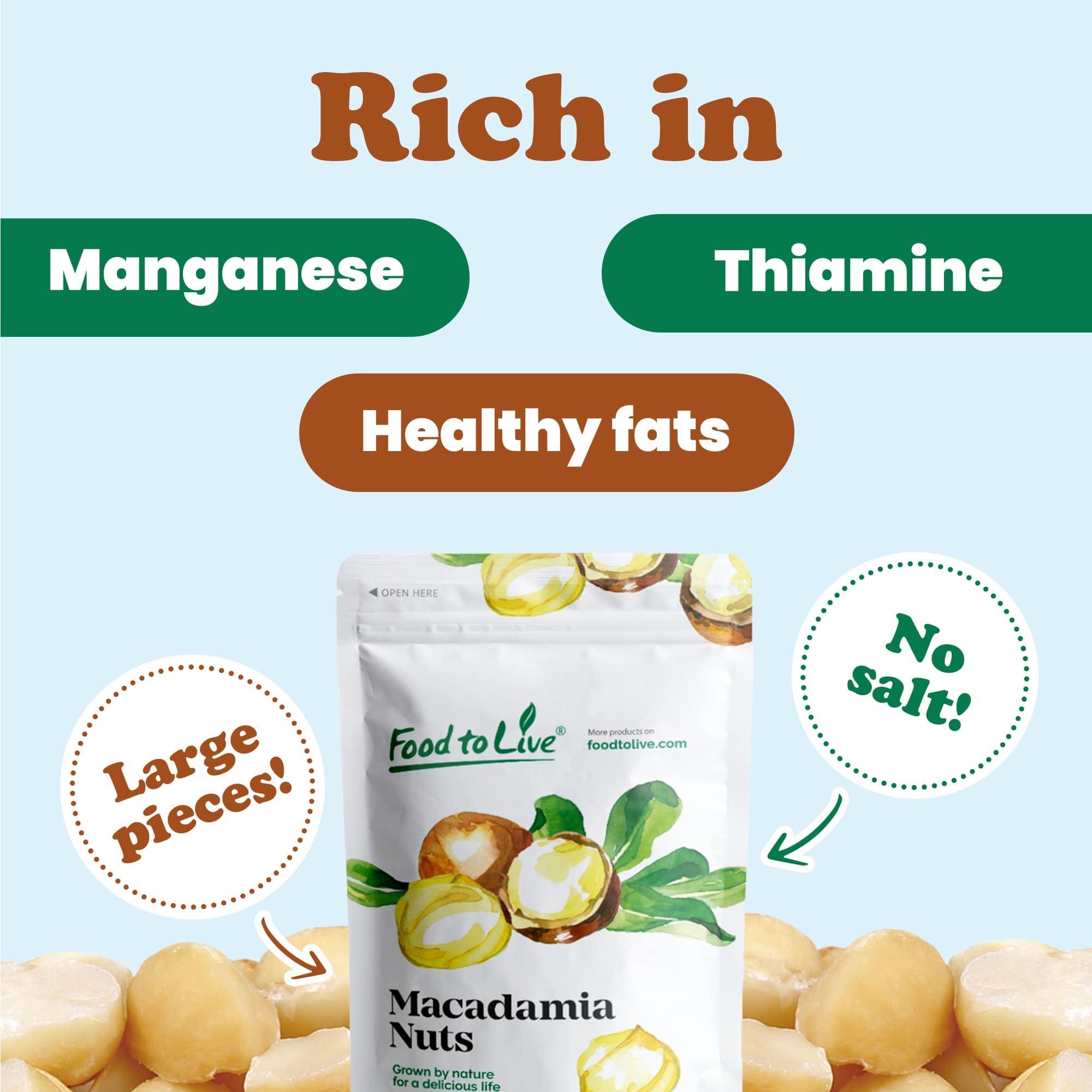 Food to Live Food to Live Macadamia Nut Halves & Pieces, 3 Pounds Raw, Shelled, Unsalted, Kosher, Vegan, Bulk. Keto Snack. Good Source of Healthy Fats. Great for Baking, and as Topping for Salads, Yogurt.