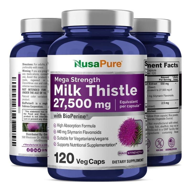 NusaPure NusaPure Milk Thistle Extract 27,500mg 120 Veggie Capsules (50:1 Extract, Non-GMO, Vegan) Max Strength - Standardized 80% Silymarin, Bioperine