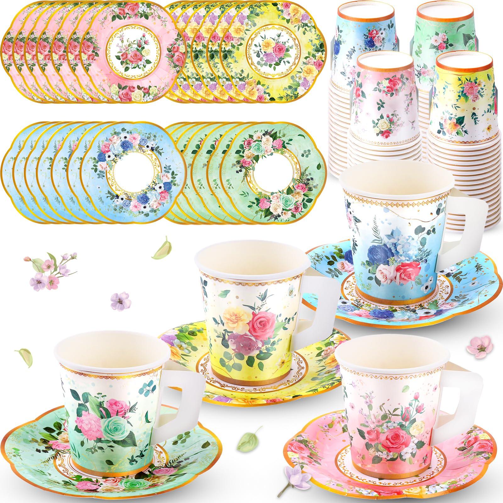 SUMMORO SUMMORO 160 Pcs Floral Paper Tea Cups and Saucers 7 OZ Disposable Paper Tea Cups with Handle and Plates for Tea Party Decoration Birthday Baby Shower Bridal Wedding Mother\'s Day