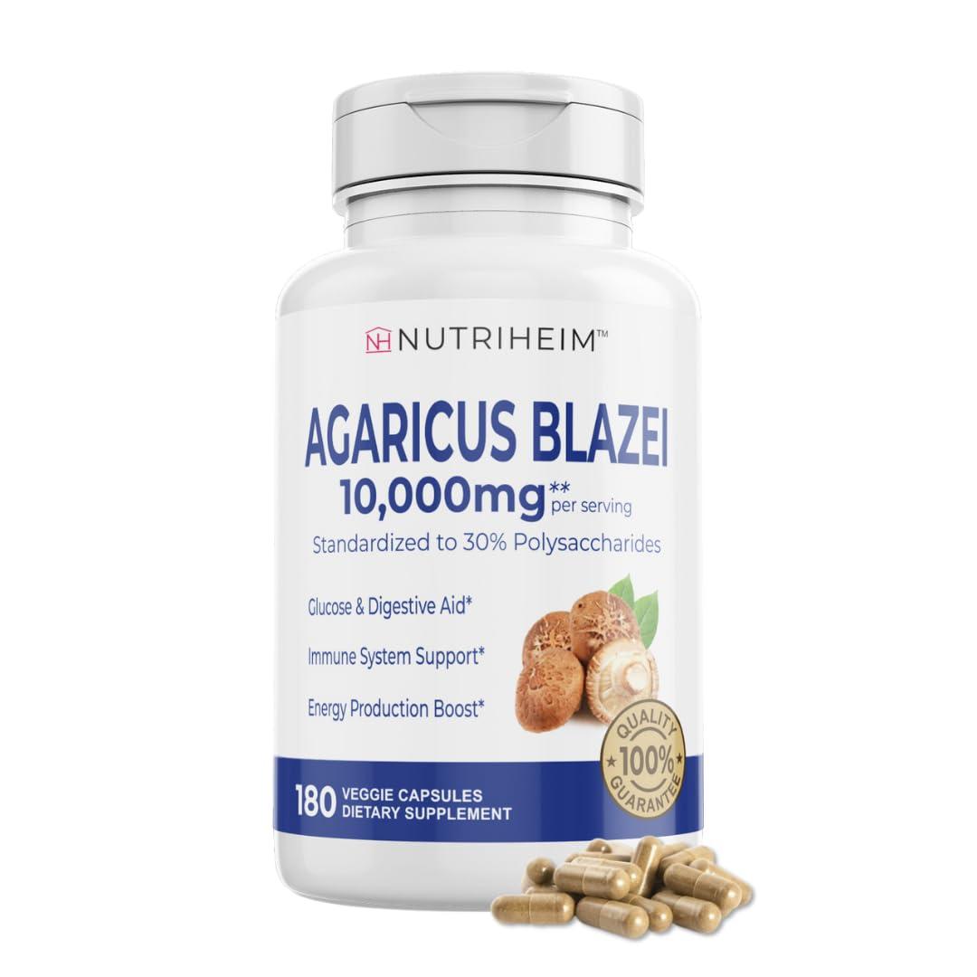 Nutriheim Nutriheim Agaricus Blazei Organic Mushroom Extract for Immune & Energy Support - 30% Polysaccharides & 180 Veggie Capsules - Non-GMO, Gluten-Free, Vegan-Friendly Supplement