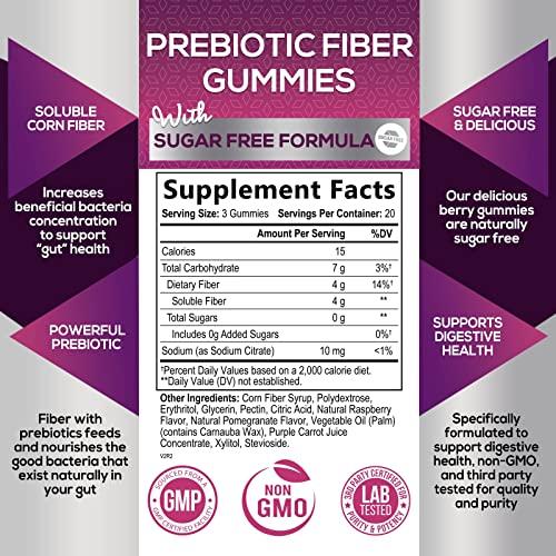 Nature's Nutrition Fiber Supplement Gummies for Digestive Health & Regularity Support, Sugar-Free 4g Fiber Gummy for Adults, Daily Probiotic Supplements, Natural Prebiotic Fiber Gummy, Plant Based - 60 Gummies