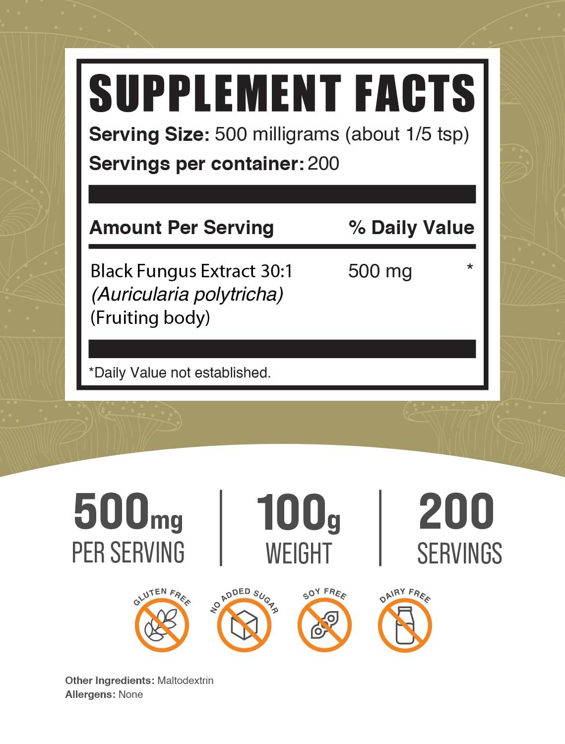 BulkSupplements BulkSupplements.com Black Fungus Mushroom Extract Powder - Mushroom Supplement, Wood Ear Muhsrooms Powder - Gluten Free, 500mg per Serving, 100g (3.5 oz) (Pack of 1)