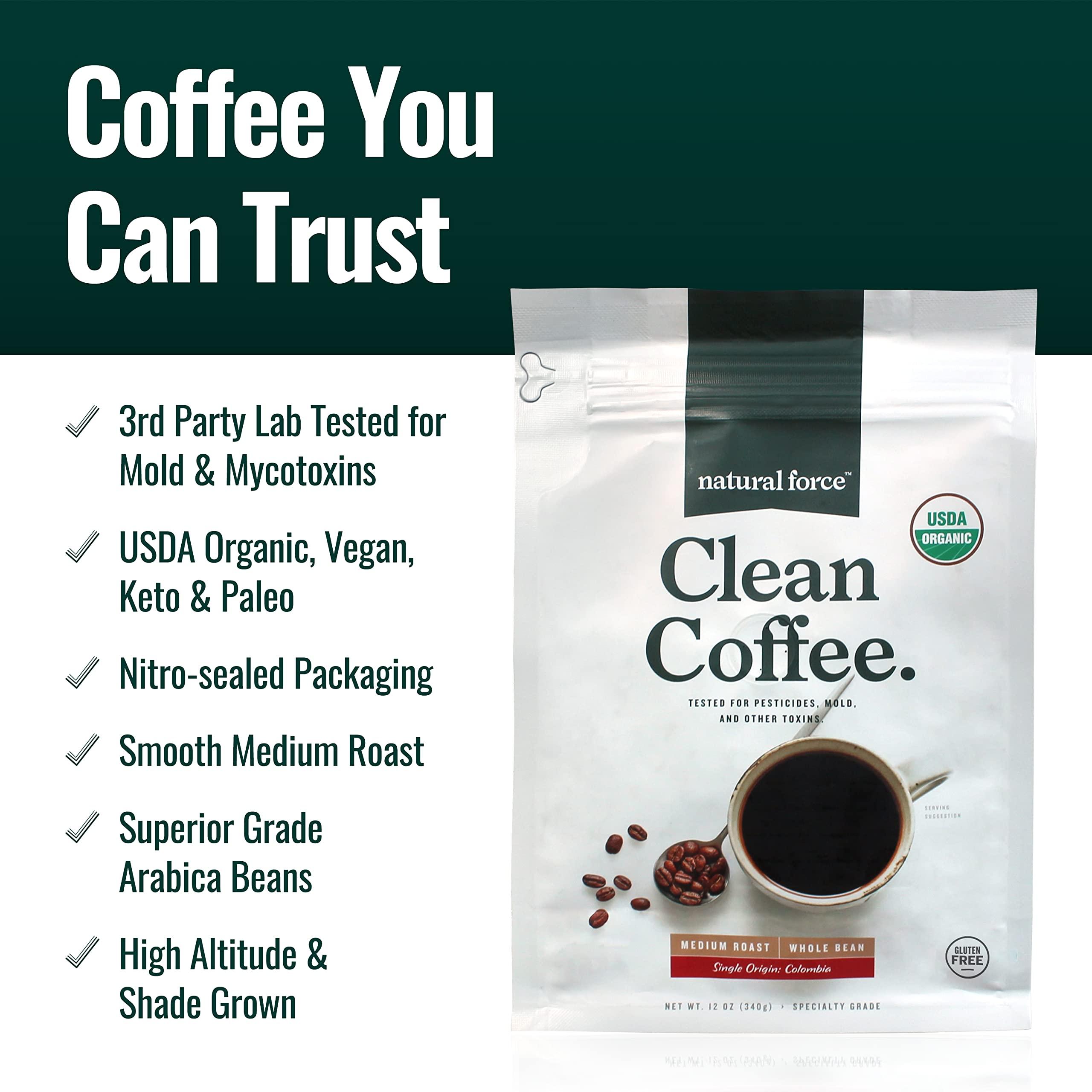 Natural Force Natural Force Clean Coffee Dark + Medium Roast Bundle - Organic, Mold Free, Whole Bean Coffees Tested for Toxins and Powered by Purity – Great Taste + Aroma - 2x 12 Ounce Bags