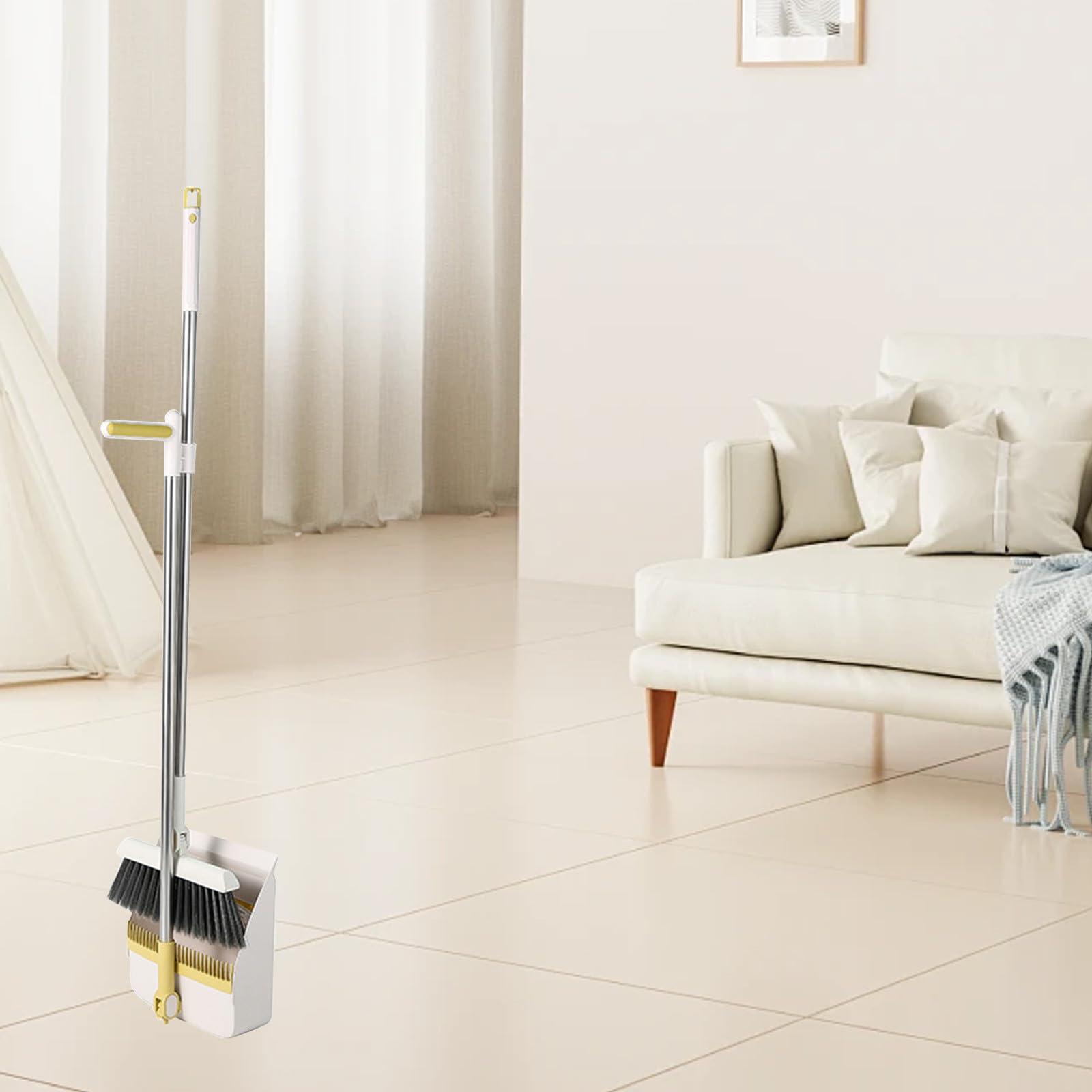 CENGNIAN Brooms for Sweeping Indoor 180 Degree Rotatable Standing Storage Buckle Type Brooms and Dustpan Set with Scraping Teeth and Scraper Deep Cleaning Suitable for Home