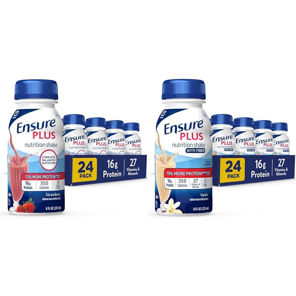 Ensure Ensure Plus Nutrition Shake with 16 Grams of Protein & Ensure Plus Liquid Nutrition Shake with Fiber, 16 Grams of Protein, Vanilla, 8 Fl Oz Bottle (Pack of 24)
