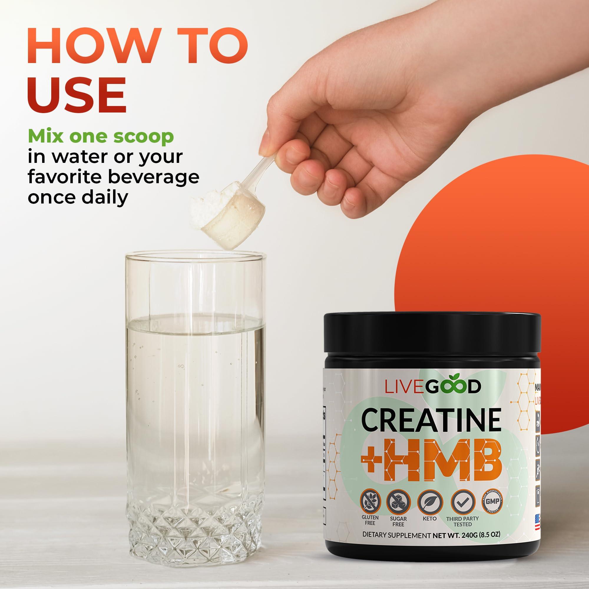 LIVEGOOD LIVEGOOD Creatine Plus HMB Supplement, 3g HMB for Muscle Strength & Recovery, 8.5oz.