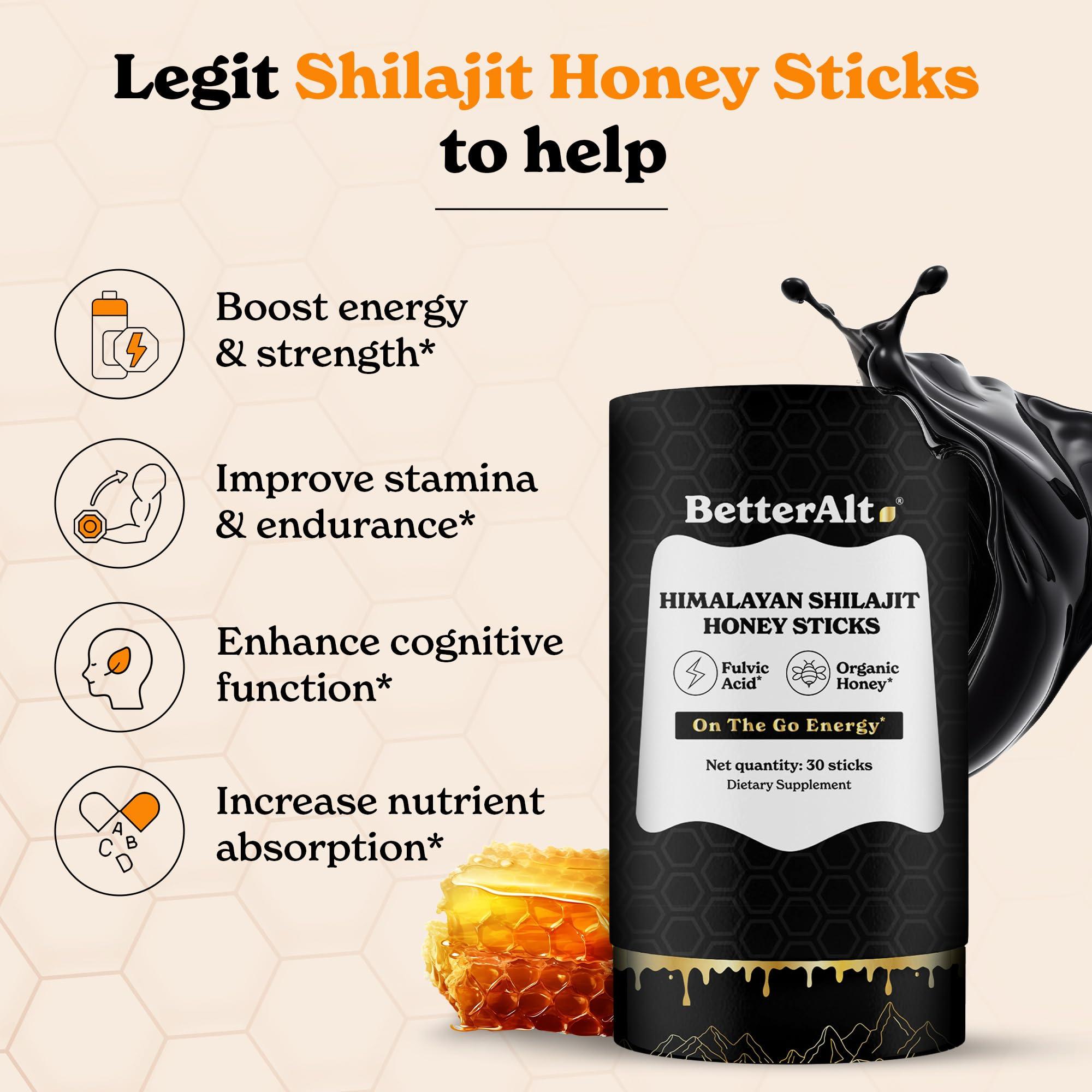 Better Alt Better Alt Pure Himalayan Shilajit Sticks with Organic Honey, Saffron | Easy to Consume Shilajit| 30 Sticks for Energy Boost & Immune Support, 85+ Trace Minerals, 75%+ Fulvic Acid