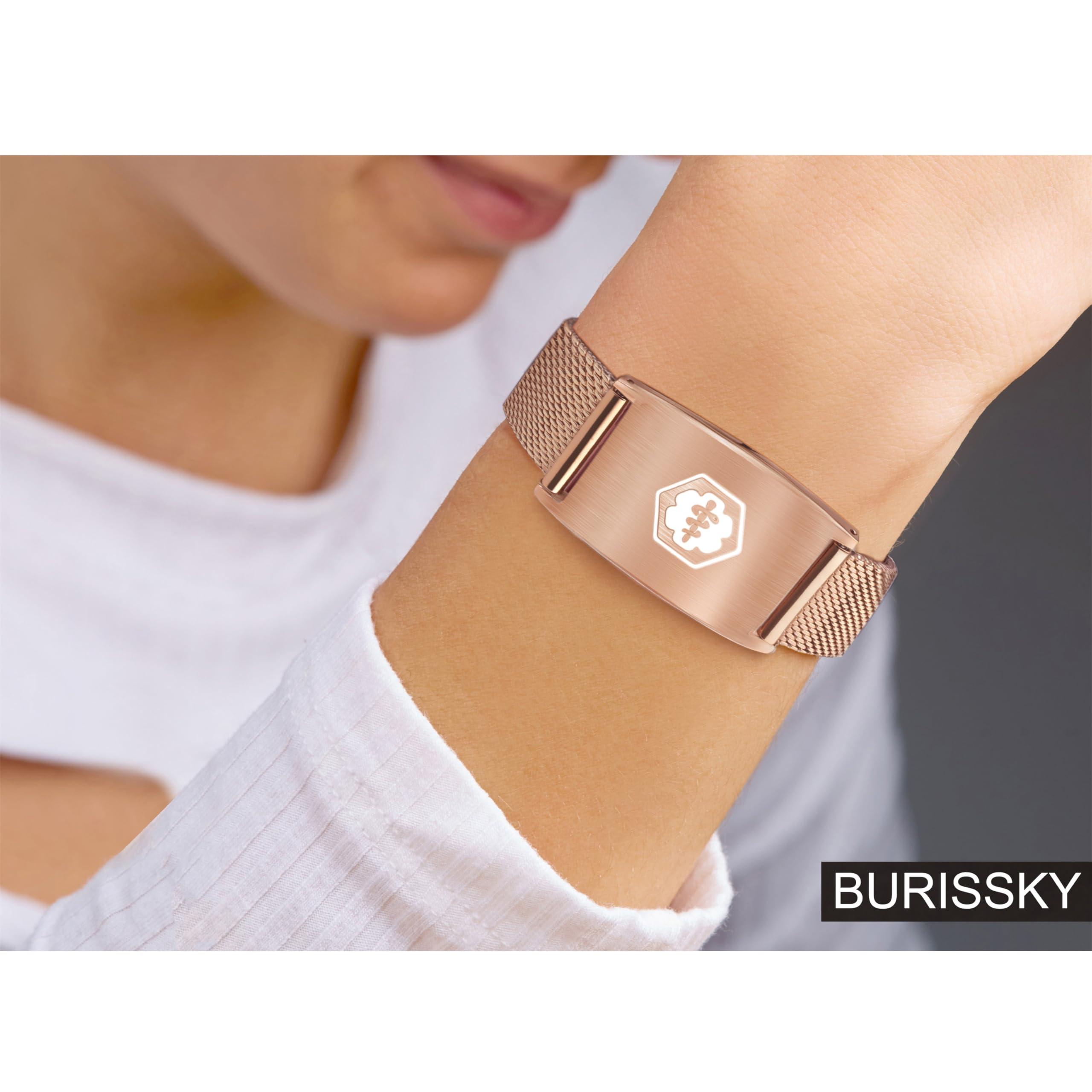BURISSKY BURISSKY Personalized Medical Alert Bracelets for Men Women with Free Engraving,Adjustable Emergency Identification ID Waterproof Mesh Wristbands (8.5, Silver Band with Rose Gold Tag)