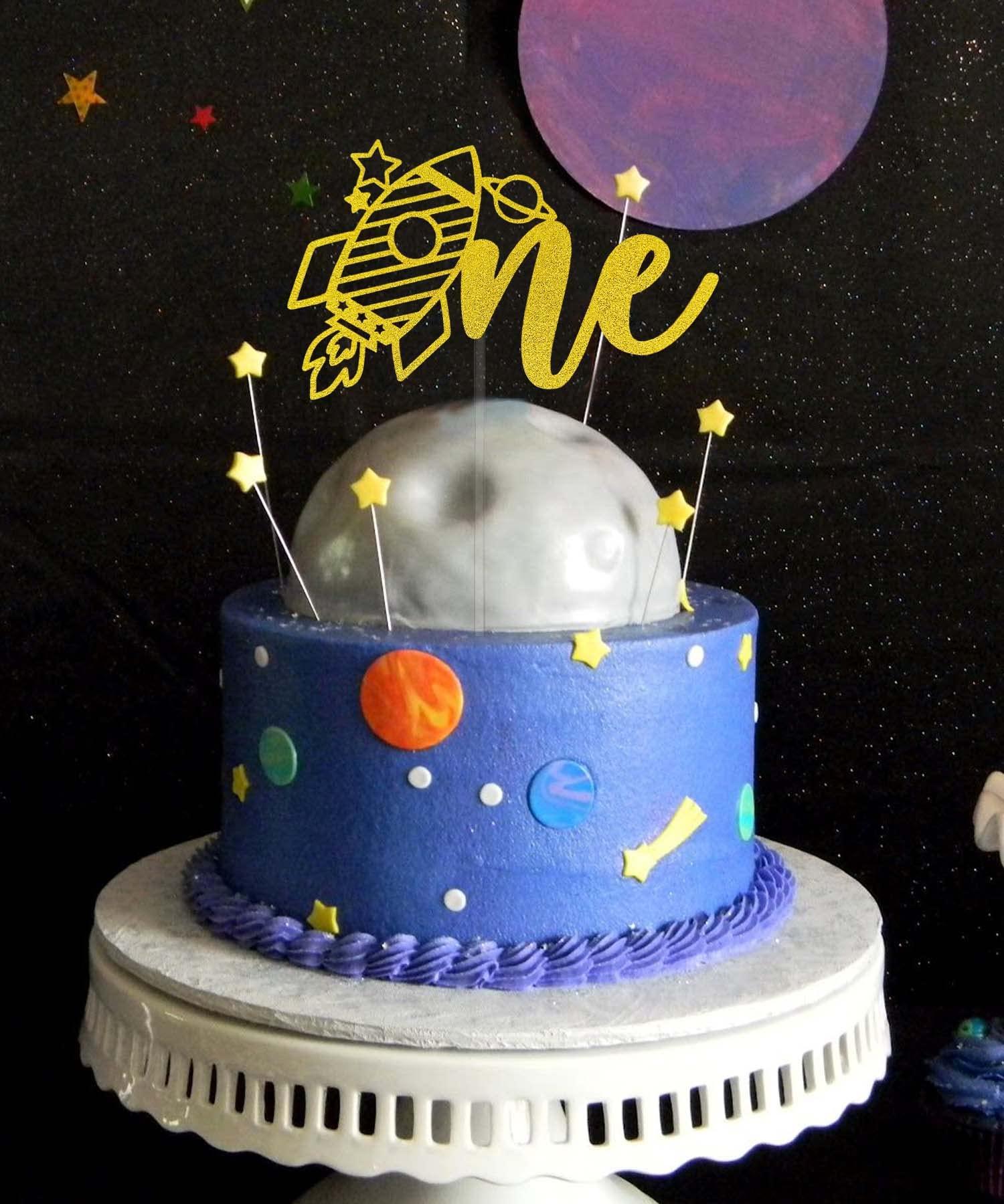 Festus Space One Cake Topper, Outer Space Theme 1st Birthday Party Decoration, First Trip Around the Sun Cake Topper, Space Party Galaxy Theme Cake Smash Sign for Kids