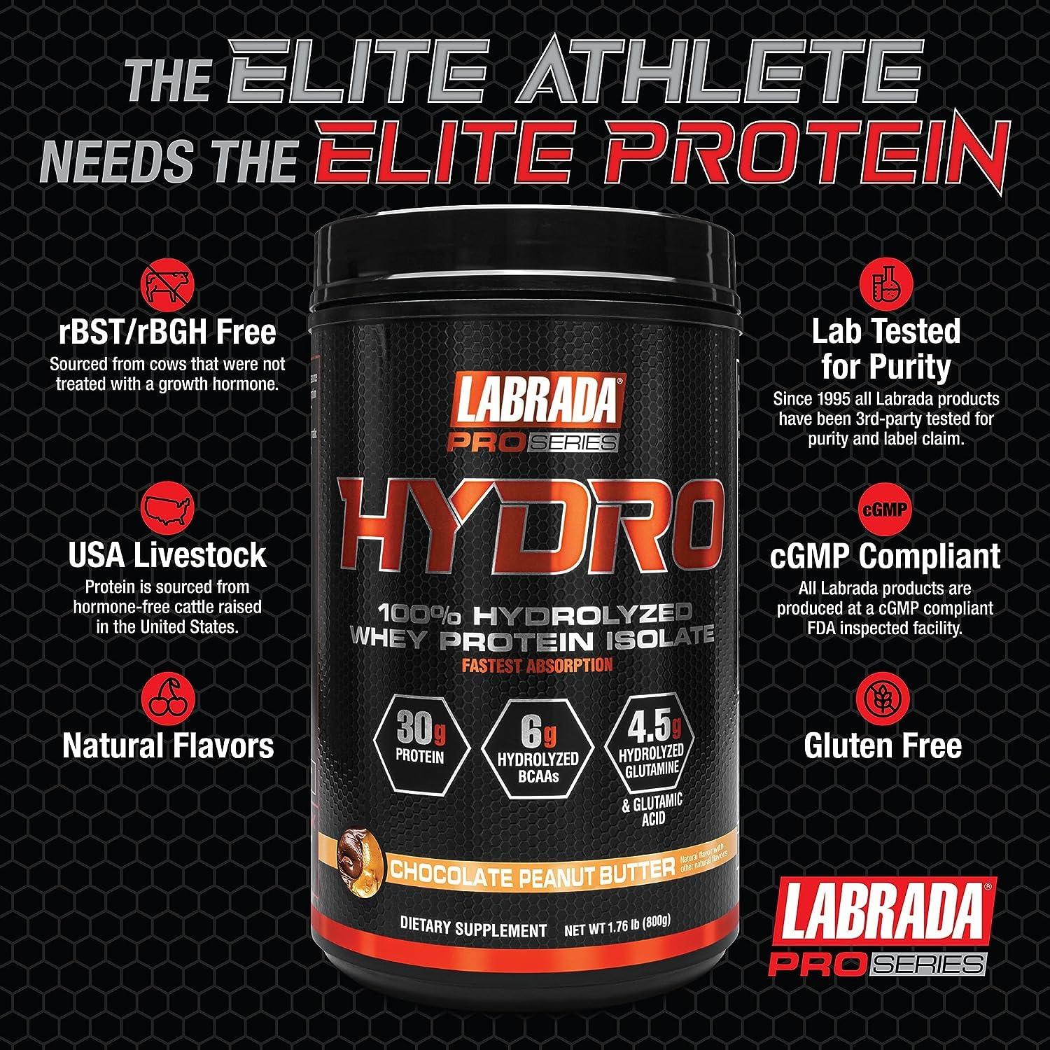 Labrada LABRADA HYDRO 100% Pure Hydrolyzed Whey Protein Isolate Powder, Lactose free, 6g BCAAs, 4.5g Glutamine, Fastest Digesting Whey Available, Instant Mixing, Delicious Taste 20 Servings Choc PeanutButter