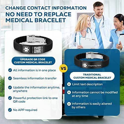 Theluckytag Theluckytag Medical Bracelets for Men Women with QR Code Medical Alert ID Bracelets - Silicone Waterproof Wristband Fits Wrists Up to 9\'\' - More Space Custom Emergency Medical ID Alert Info
