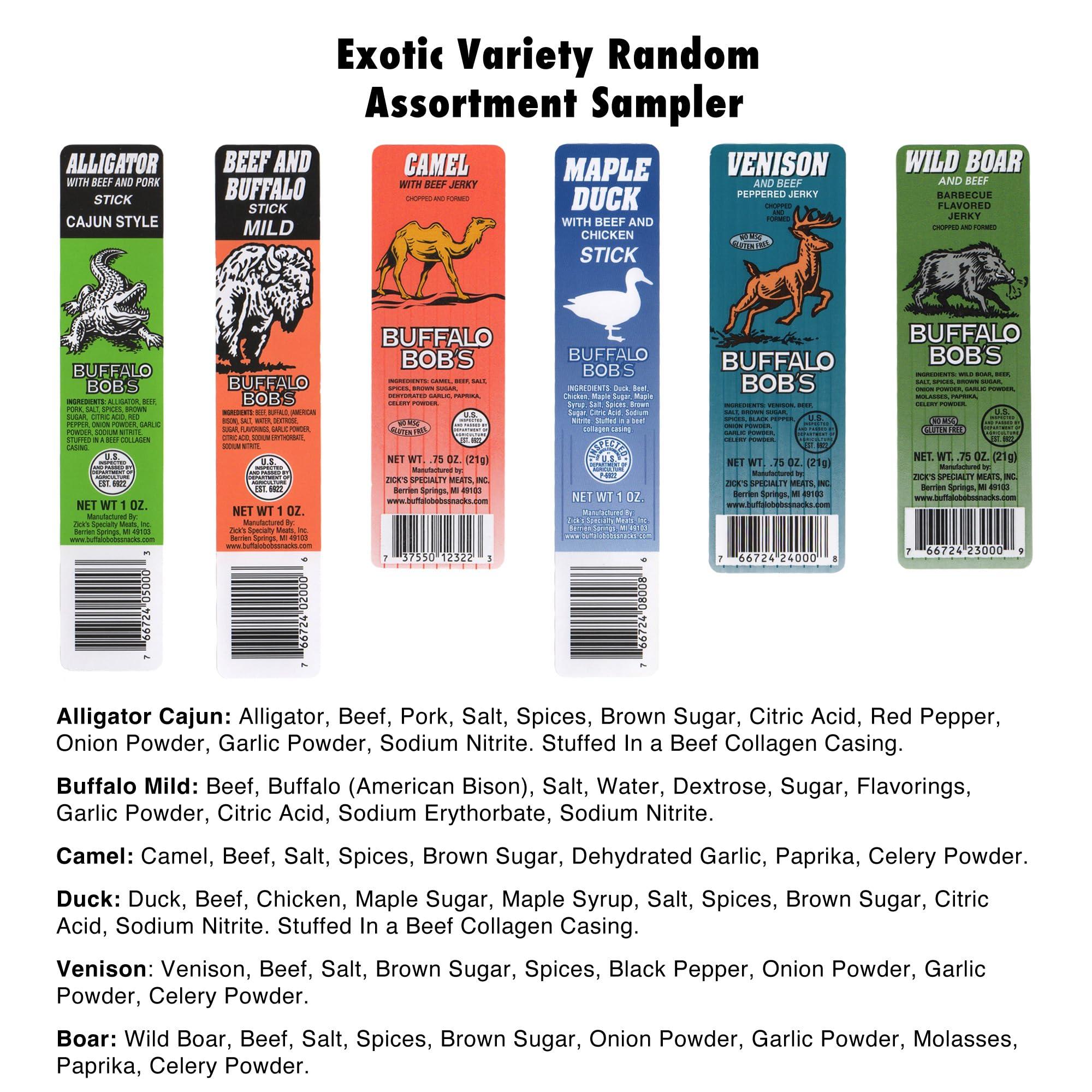 Jerky-n-Spice Buffalo Bob\'s Wild Game Meat Snacks (6 Pack), Beef Jerky Variety Pack, Jerky Gift Baskets for Fathers/Dad, Exotic Random Jerky Sampler Set, Mens Hunting Stocking Stuffers, Jerky Gift Set