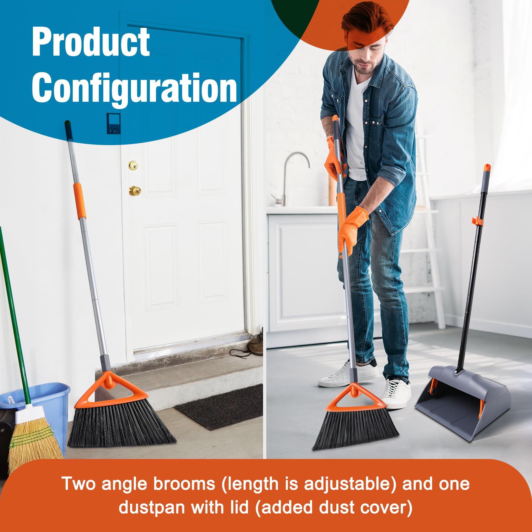 CLEANHOME CLEANHOME Heavy Duty Broom with Dustpan Combo Set Indoor and Outdoor Dual Purpose,Stiff Bristle Commercial Angle Broom and Standing Dust Pans with Long Handle for Sweeping Home,Kitchen,Yard,Grey