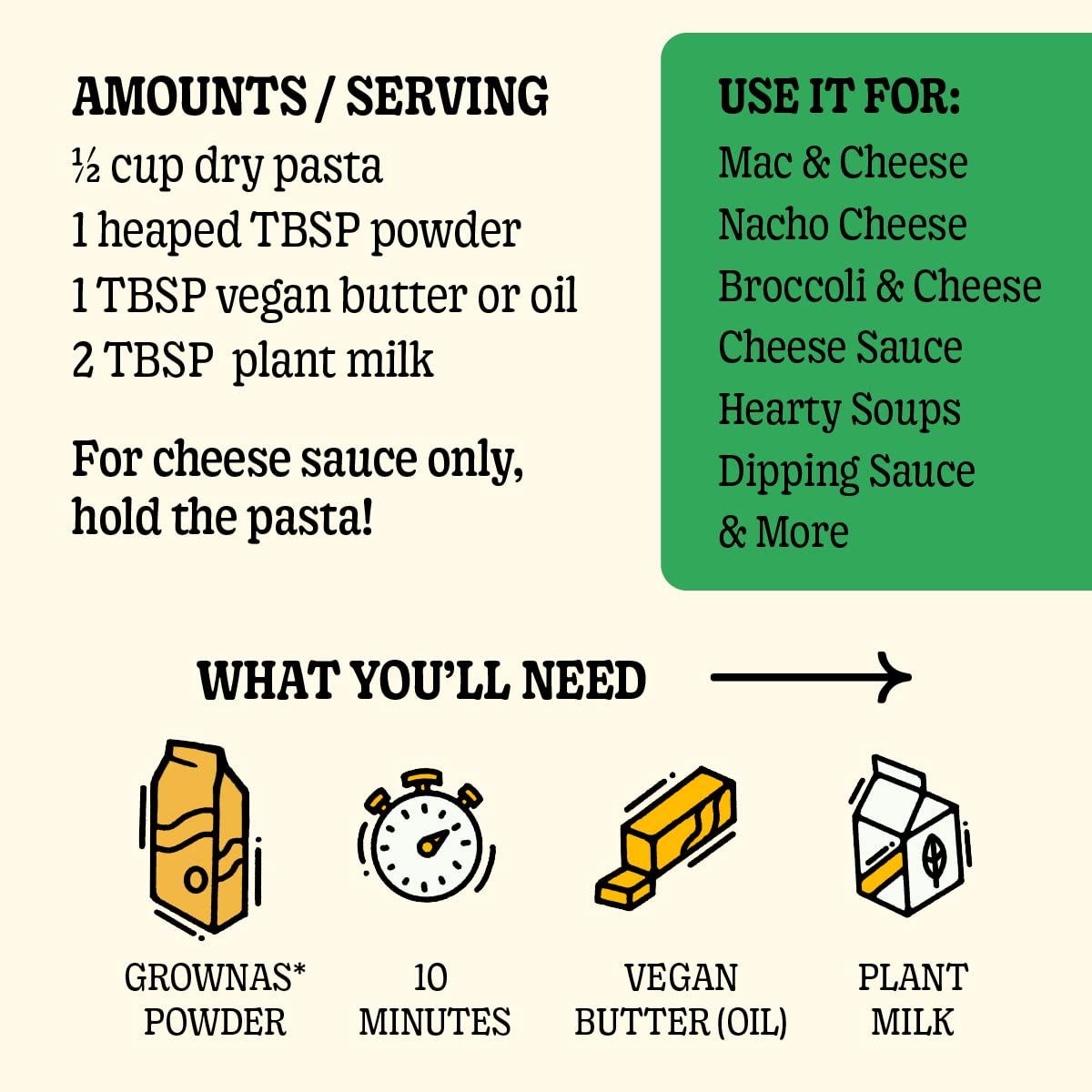 Grownas GrownAs Vegan Cheese Powder, 1 lb. - Dairy Free, Non-GMO Cheddar Cheese Seasoning for Vegan Mac & Cheese, Nachos, Pub Cheese - Organic, Non-Dairy, Sugar-Free, Soy-Free - Better Than Nutritional Yeast