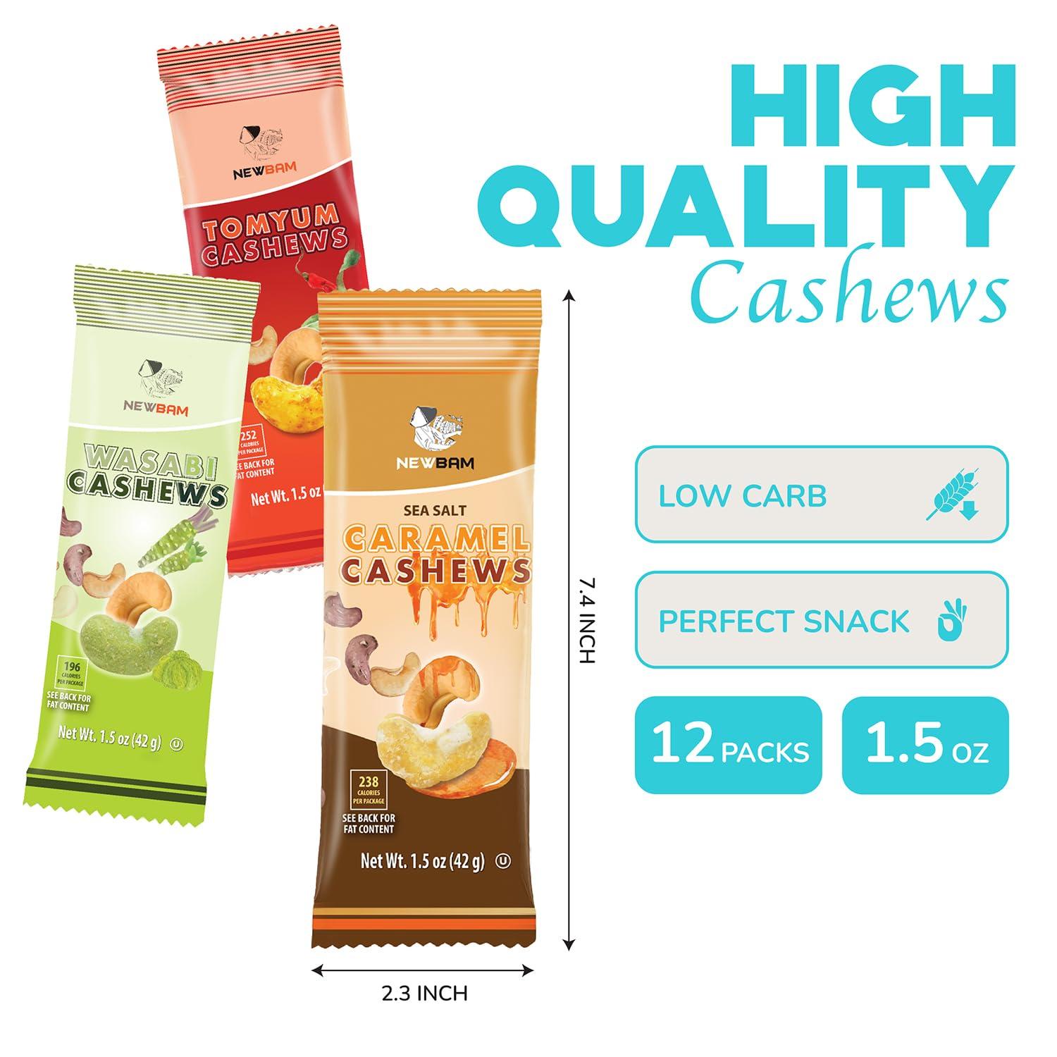 NEWBAM NEWBAM Mix Cashews Variety Packs (Wasabi, Tom Yum, Sea Salt Caramel) - 12 Cashew Snack Packs Roasted Nuts (1.5oz Each) Keto, Vegan, Gluten-Free - Healthy Snacks for Trail Mix, Office, or Party