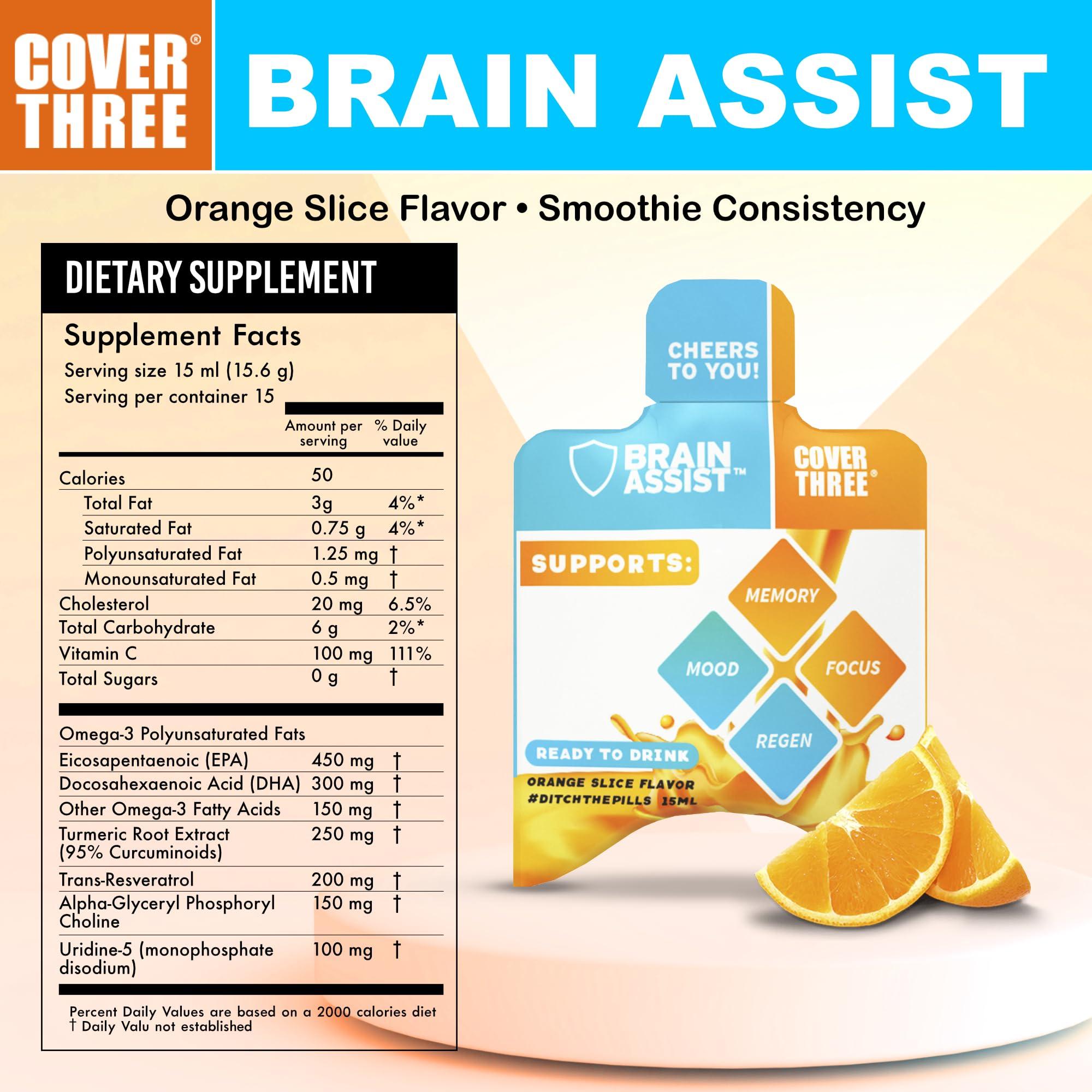 Cover Three Cover Three Brain Assist Brain Supplement, Nutritional Focus Supplement with Curcumin, Uridine, Orange Slice Liquid Brain Support Formula, High Performance Memory Supplements