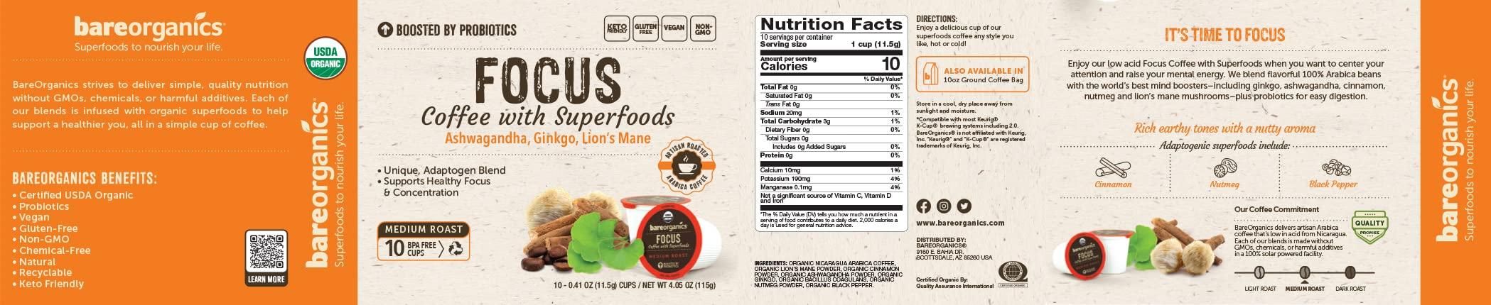 BareOrganics BareOrganics Focus Coffee Pods With Superfoods & Probiotics | Keurig K-Cup Compatible | USDA Certified Organic, Vegan, Non-GMO & Recyclable Single Serve 10ct (Pack of 6)