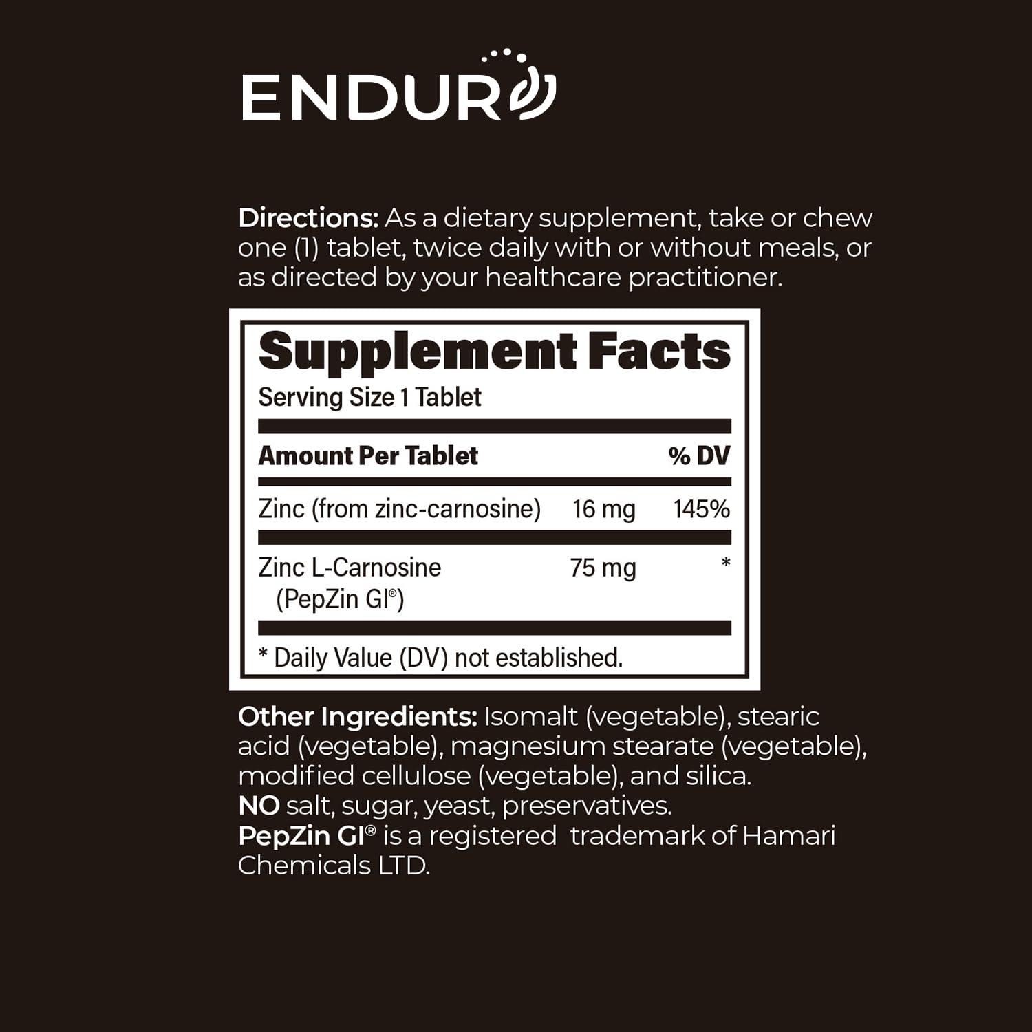 Endurance Products Endur PepZinGI ZINC-CARNOSINE Chewables, Helps Support Your Digestive System for Comfortable Digesting, Gluten Free, 60 Tablets
