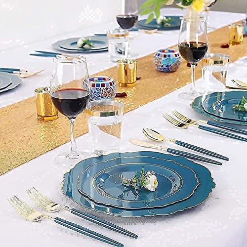 Nervure Nervure 100PCS Blue Plastic Plates With Gold Rim&Gold Disposable Silverware with Blue Handle Purple Plastic Plates 100 Packed&Gold Plastic Silverware with Purple Handle