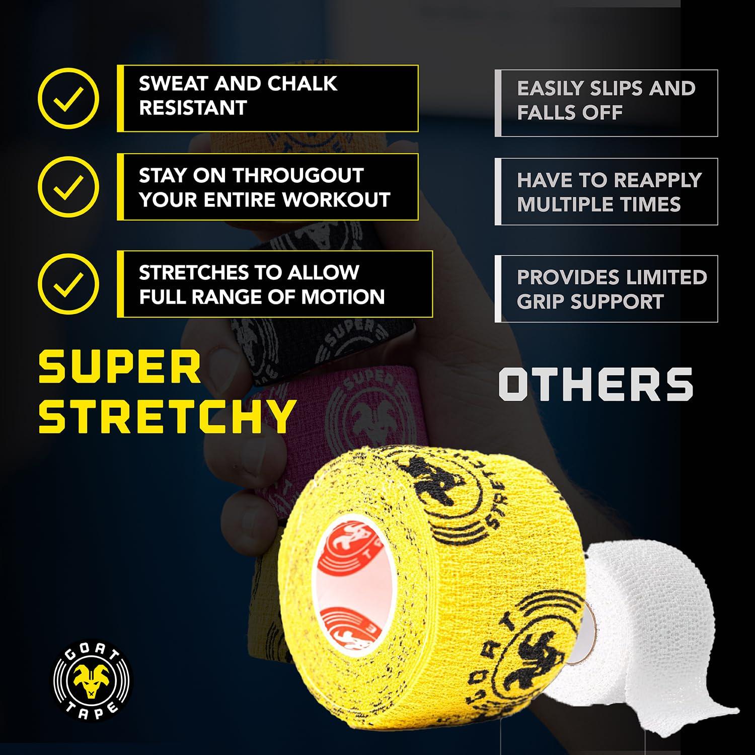 Goat Tape Goat Tape Super Stretchy Thumb Tape - Weightlifting Hook Grip Tape & WOD Tape for Cross Training, Gym Workout Tape, Athletic Finger Wrap - Flexes with Every Move - 15 Feet per Roll (Black 6-Pack)