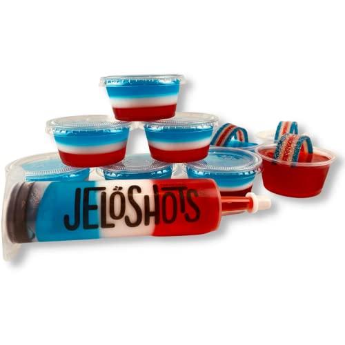 JeloShots Jello Shots Party Kit - American Flag Party Pack - Makes Over 50 (Large) 2oz Jello Shots - Includes Recipes eBook, Jello Shot Syringes, Mini Cups with Lids, Candy Belts, Knox & Dessert Gelatin