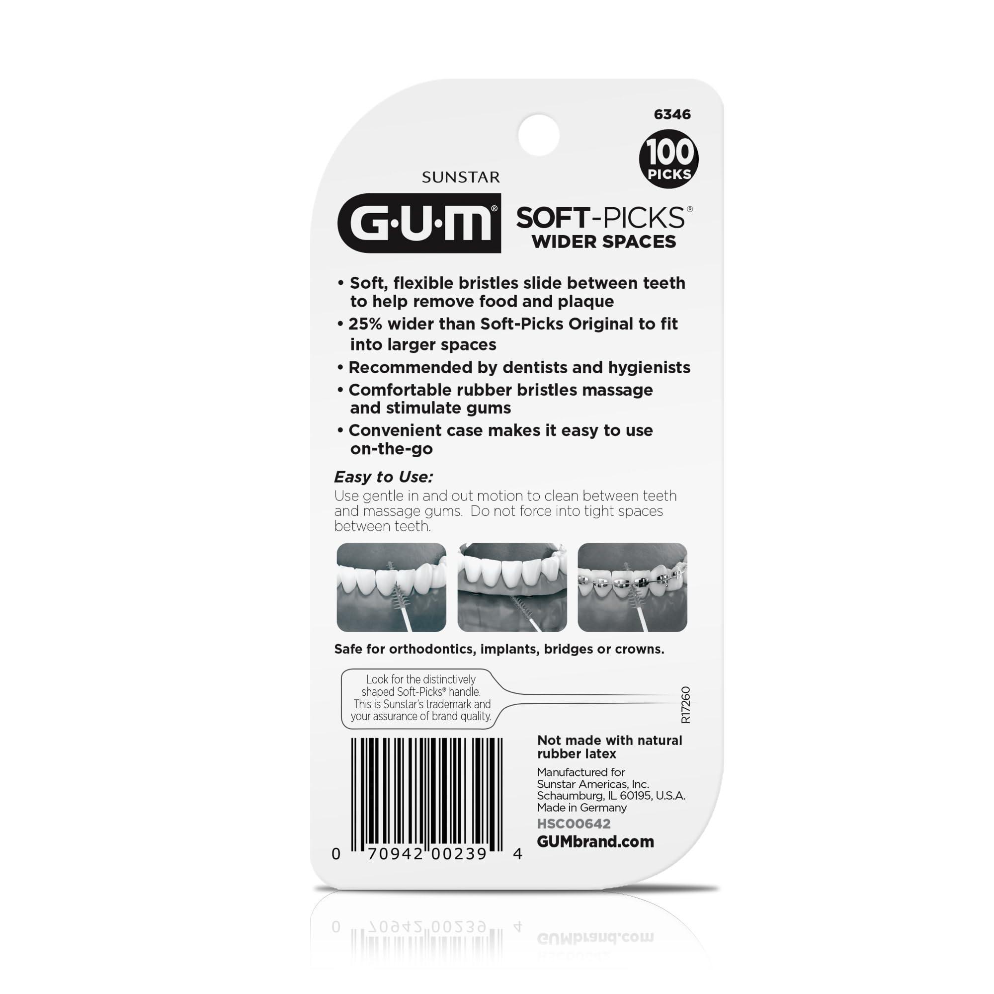 GUM GUM Soft-Picks Wider Space, Easy to Use Dental Picks for Teeth Cleaning and Gum Health, With Convenient Carry Case, Dentist Recommended Dental Floss Picks, 100ct