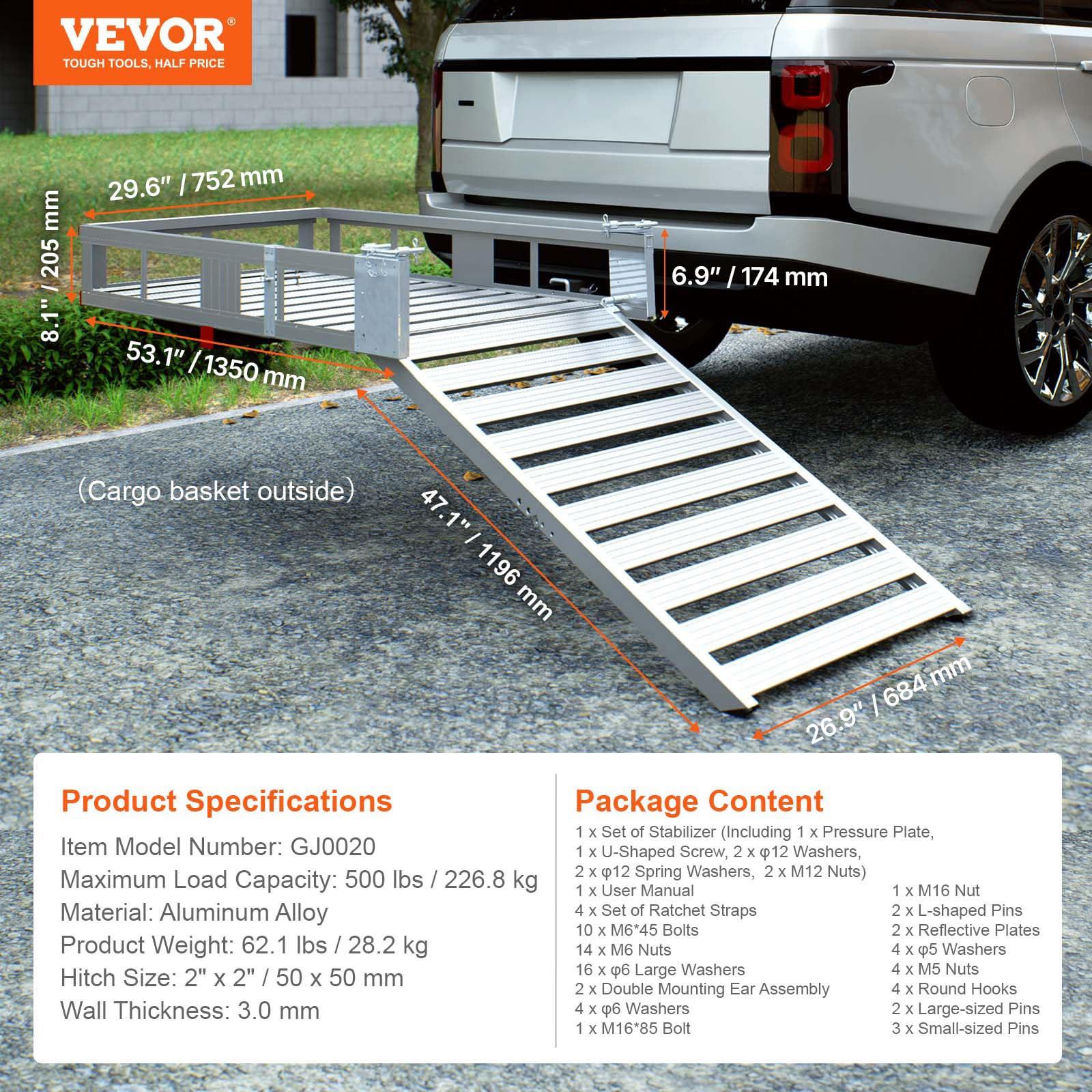 VEVOR VEVOR Hitch Mount Cargo Carrier, 500LBS Mobility Scooter Carrier with Folding Ramp, Aluminum Trailer Hitch Rack Basket & Stabilizer, Strap, Fits 2\" Hitch Receiver for Truck SUV Car, 47.2\" x 27.6\"