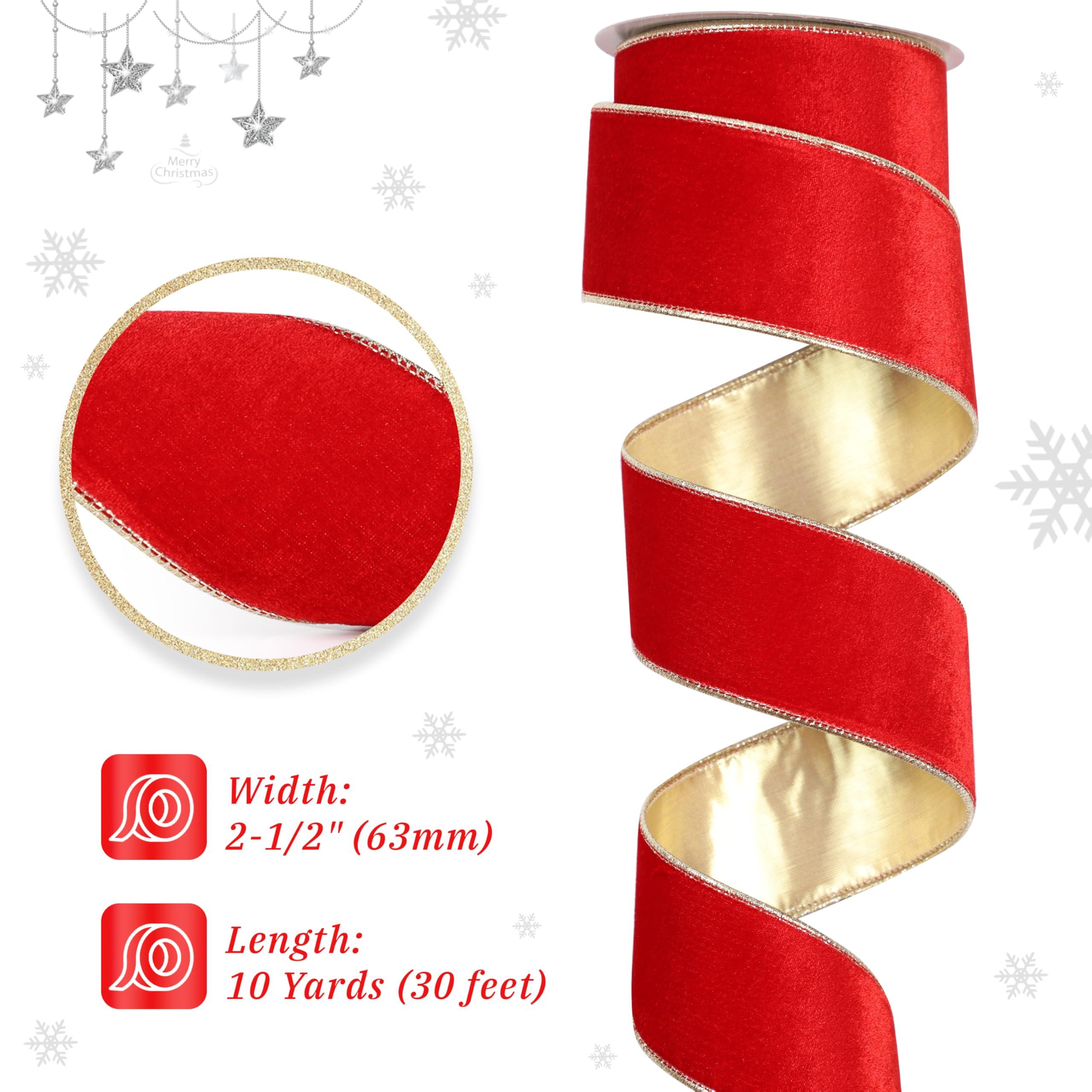DINDOSAL DINDOSAL Red Velvet Ribbon Wired 2.5\" x 10 Yards Scarlet Red Christmas Ribbon with Gold Back Red Gold Wired Ribbon for Wreaths, Tree Topper Bows, Crafts, Home Decor, Gift Wrapping