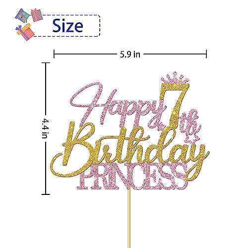 RoadSea RoadSea Princess 7th Birthday Cake Topper - Happy 7th Birthday Cake Supplies for Girl - Girl Seven Years Old Birthday Party Decorations - Pink & Gold Glitter (7th)