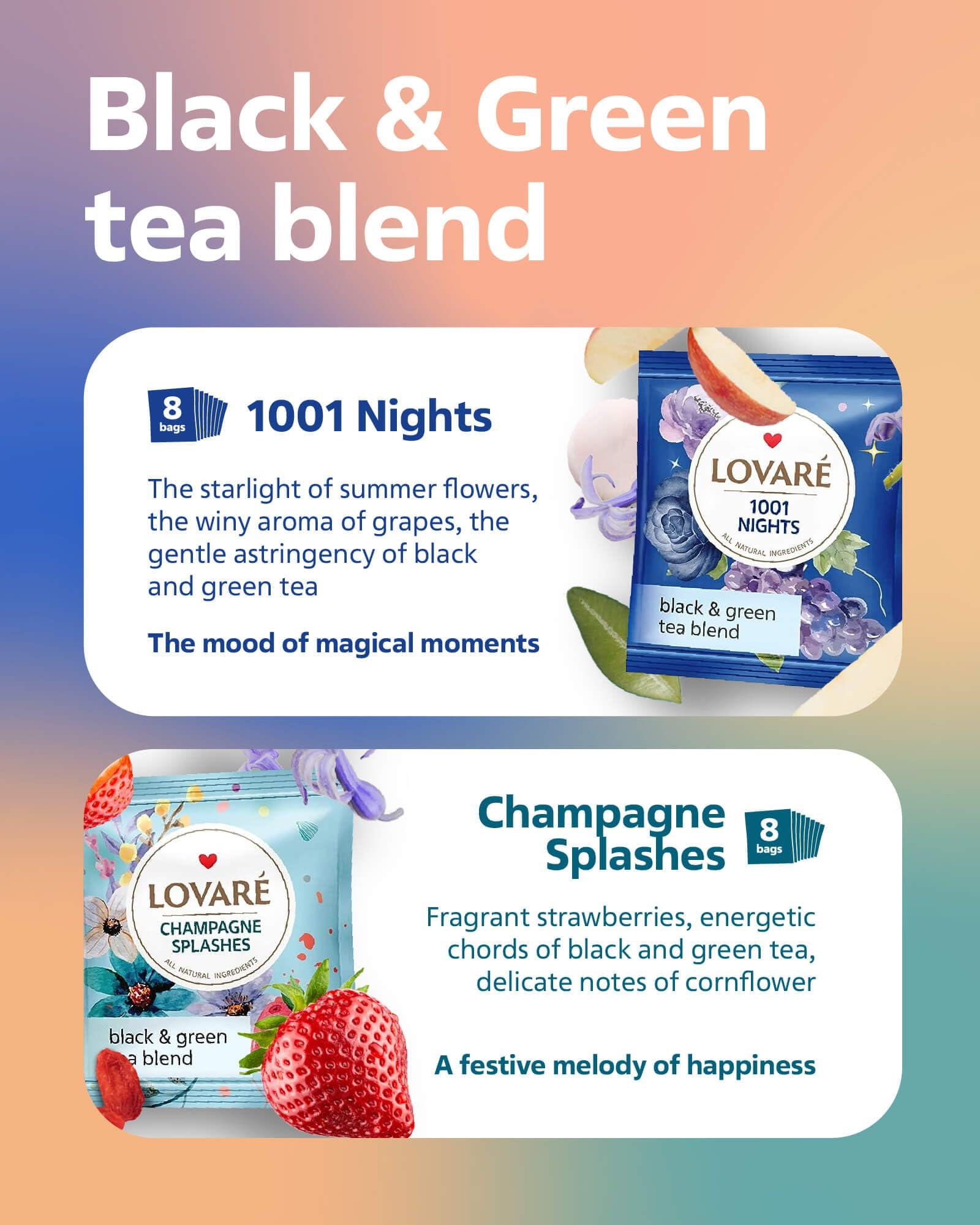 LOVARE LOVARE Tea Bags, 32 Count - Assorted Black Tea Variety Pack - 1001 Night, Passion Fruit, Champagne Splashes, Wild Berry - Made in Ukraine - Gluten Free