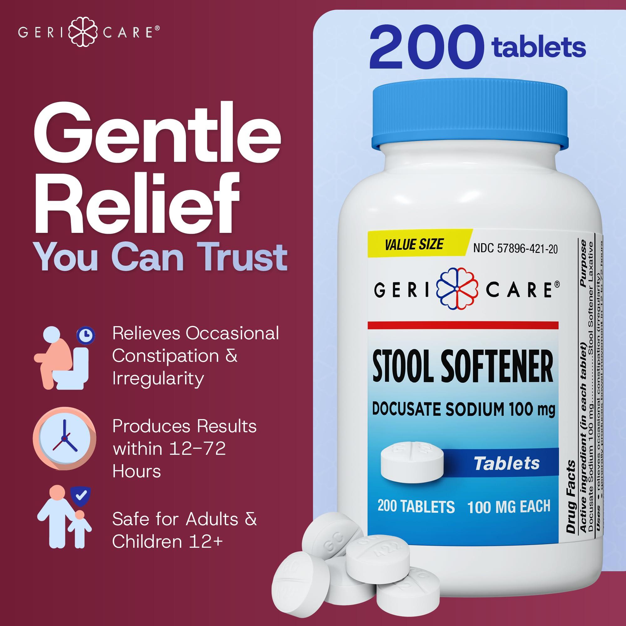 GeriCare GeriCare Docusate Sodium Stool Softeners, Best Stool Softener for Daily use for Women, Men, and Elderly - Ideal for Constipation Relief 100mg Crushable Tablets. (200 Count) Made in The USA.